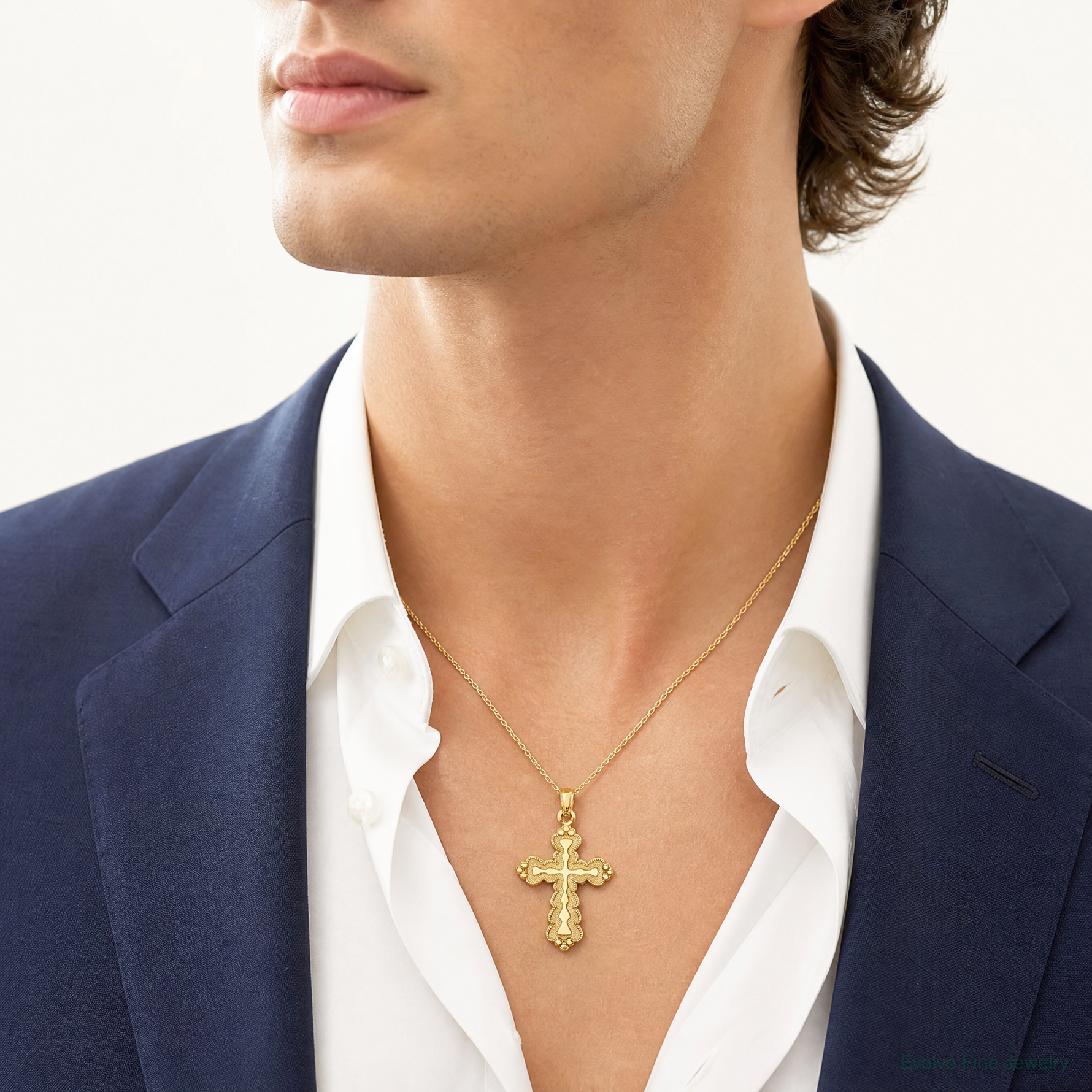14k Scalloped Cross Charm - Model Shot