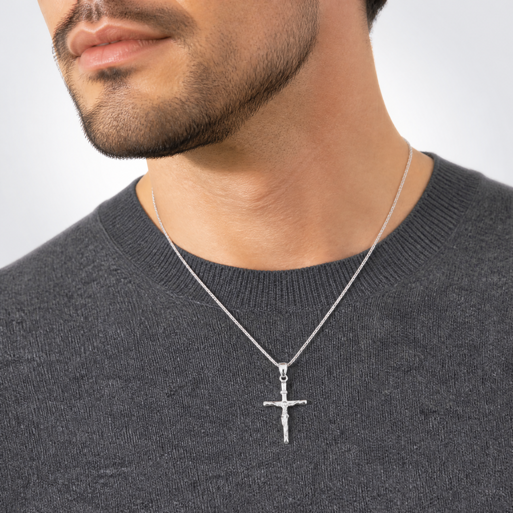 14K White Gold INRI Crucifix Pendant - Model Shot