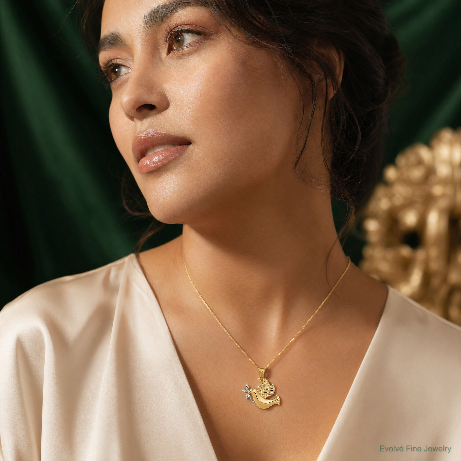 14k w/Rhodium Polished Dove w/Olive Branch Pendant - Model Shot