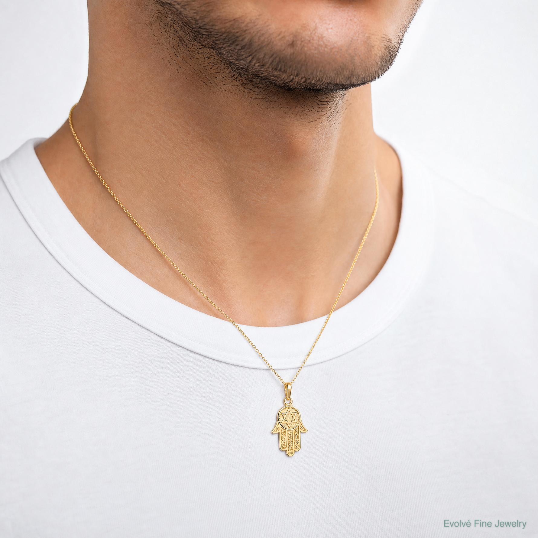 14k Jewish Hand of God w/Star of David Pendant - Model Shot