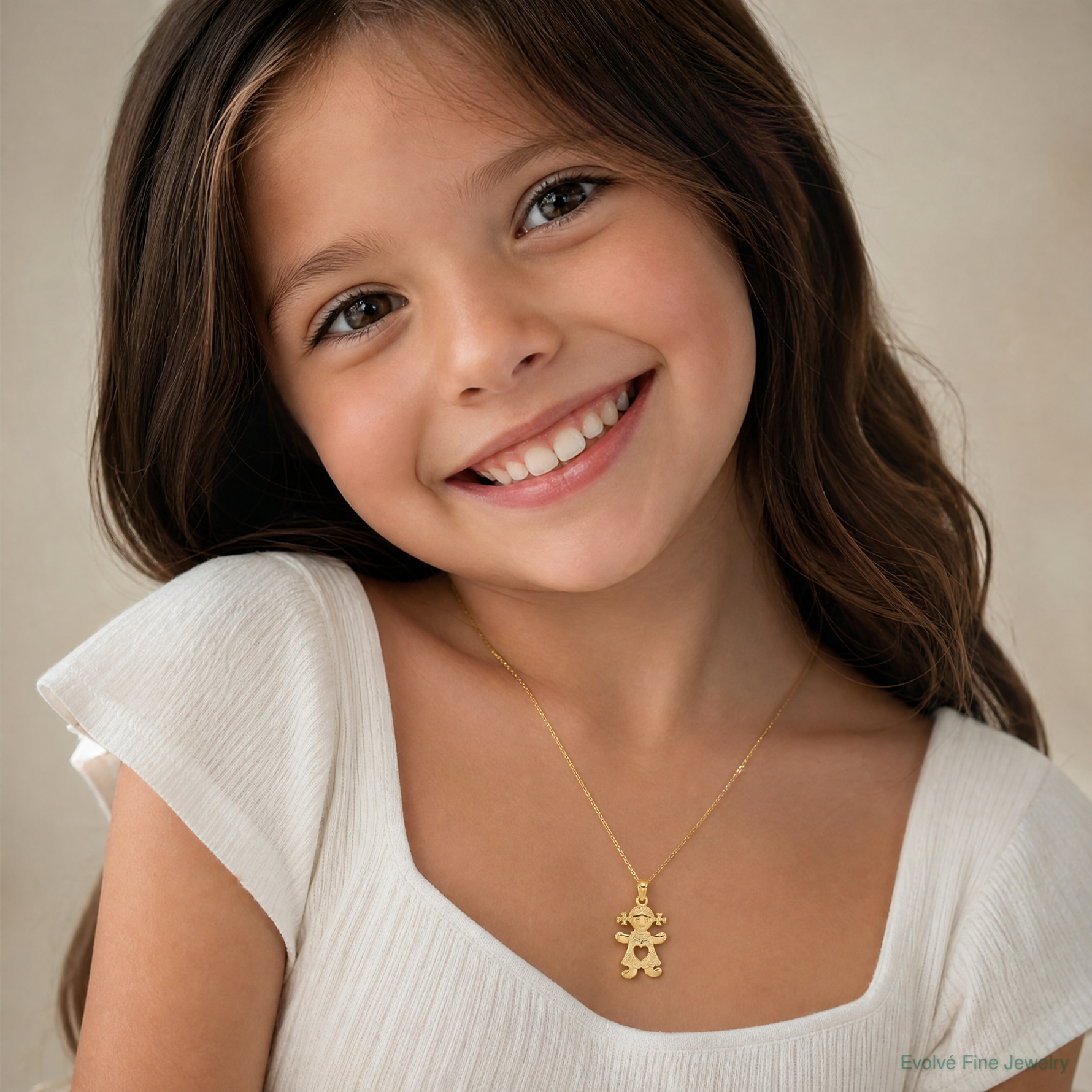 14k Playful Girl w/Cut Out Heart Charm - Model Shot