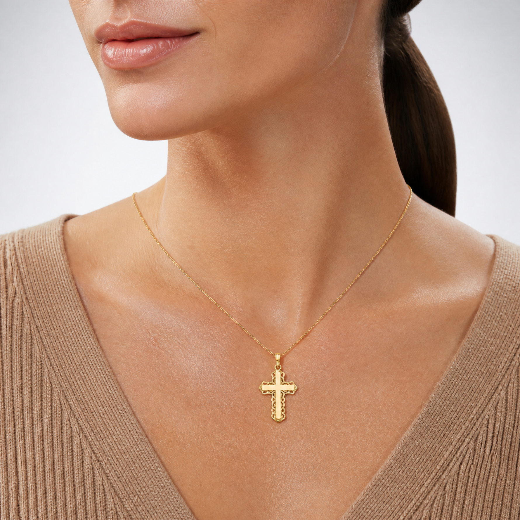 14K Lace Trim Cross Pendant - Model Shot