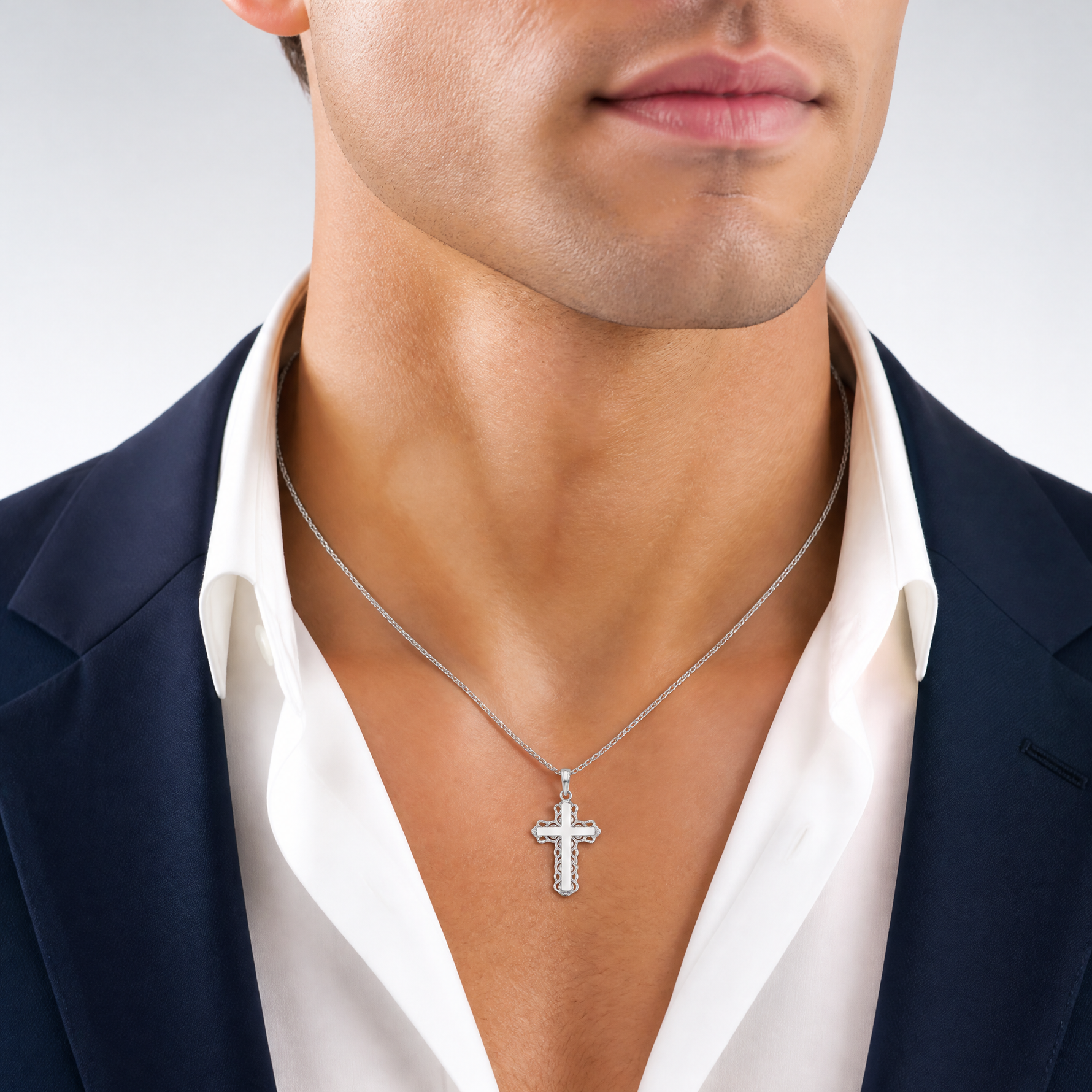 14K White Gold Lace Trim Cross Pendant - Model Shot