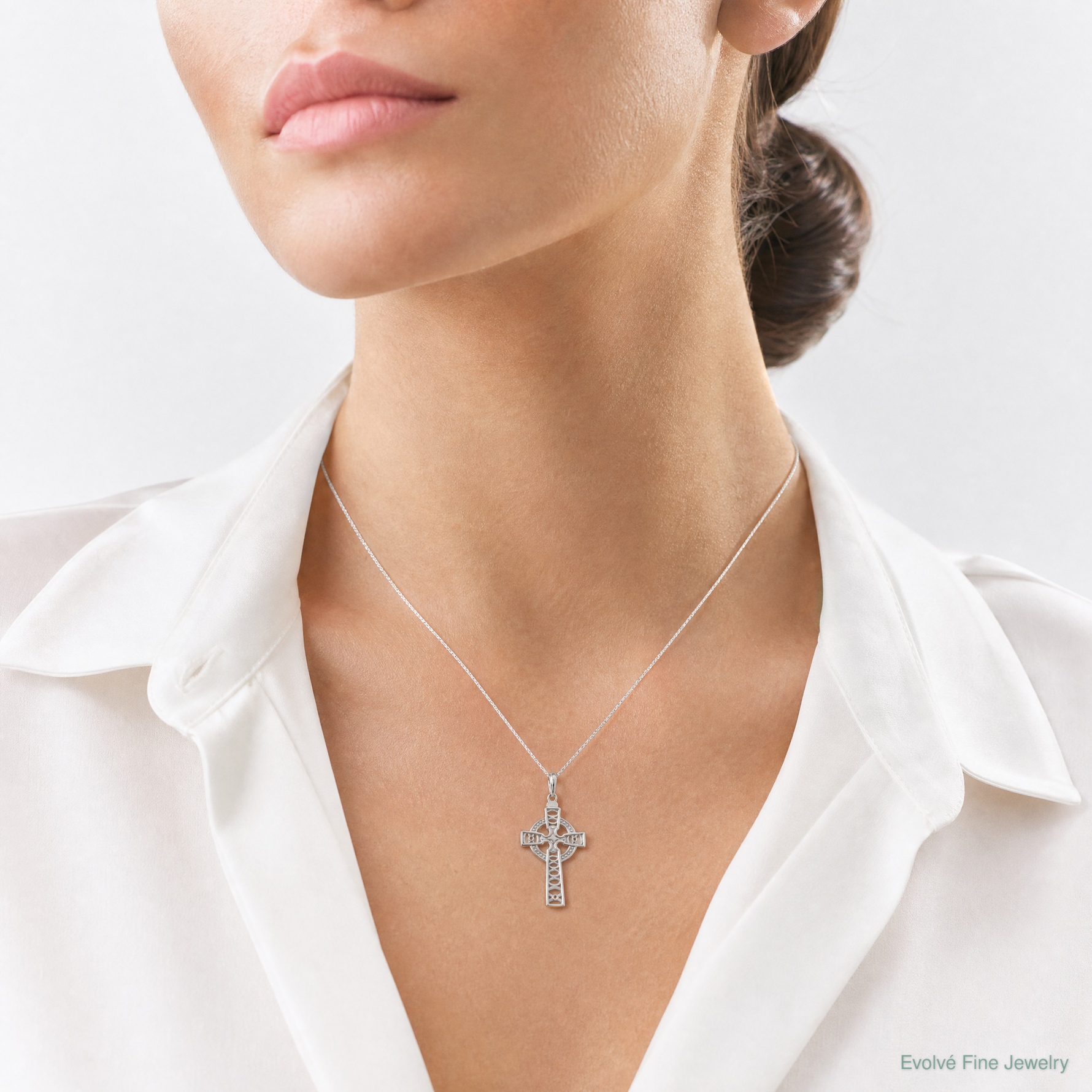 14K White Gold Celtic Cross w/Eternity Circle Pendant - Model Shot
