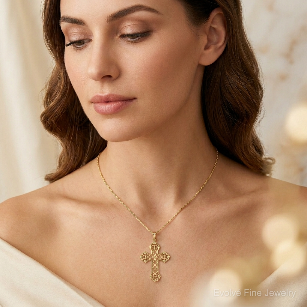 14K Lacey Budded Cross Pendant - Model Shot