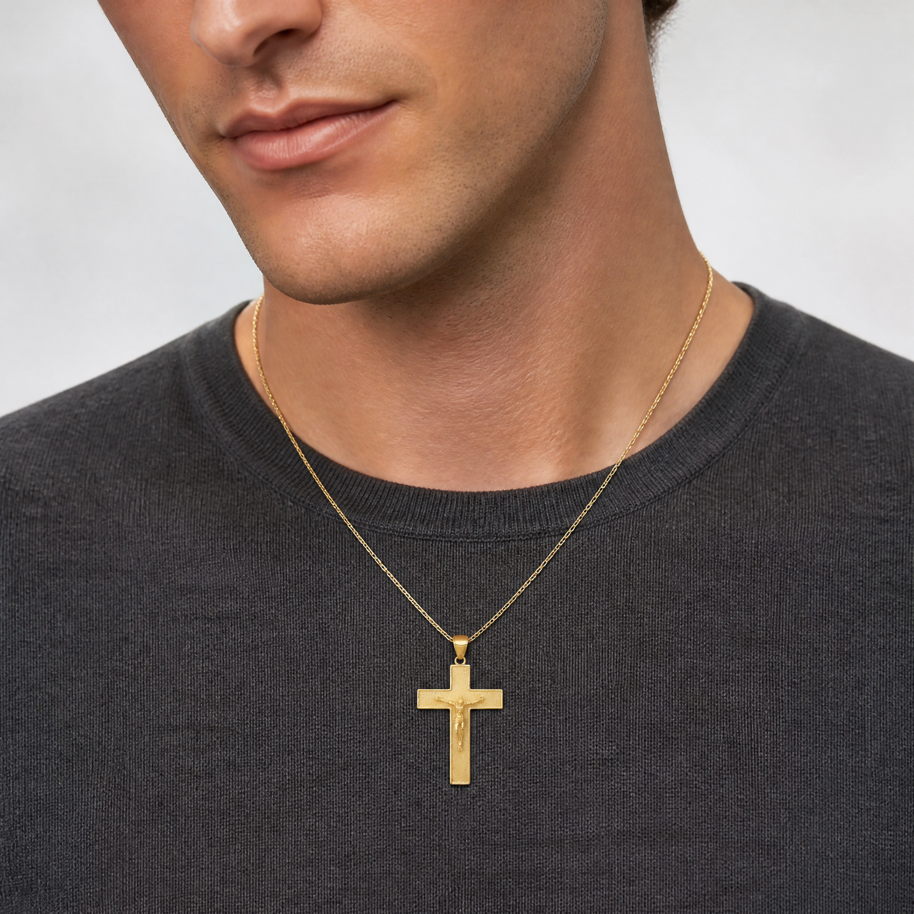 14K Textured Crucifix Latin Cross Pendant - Model Shot
