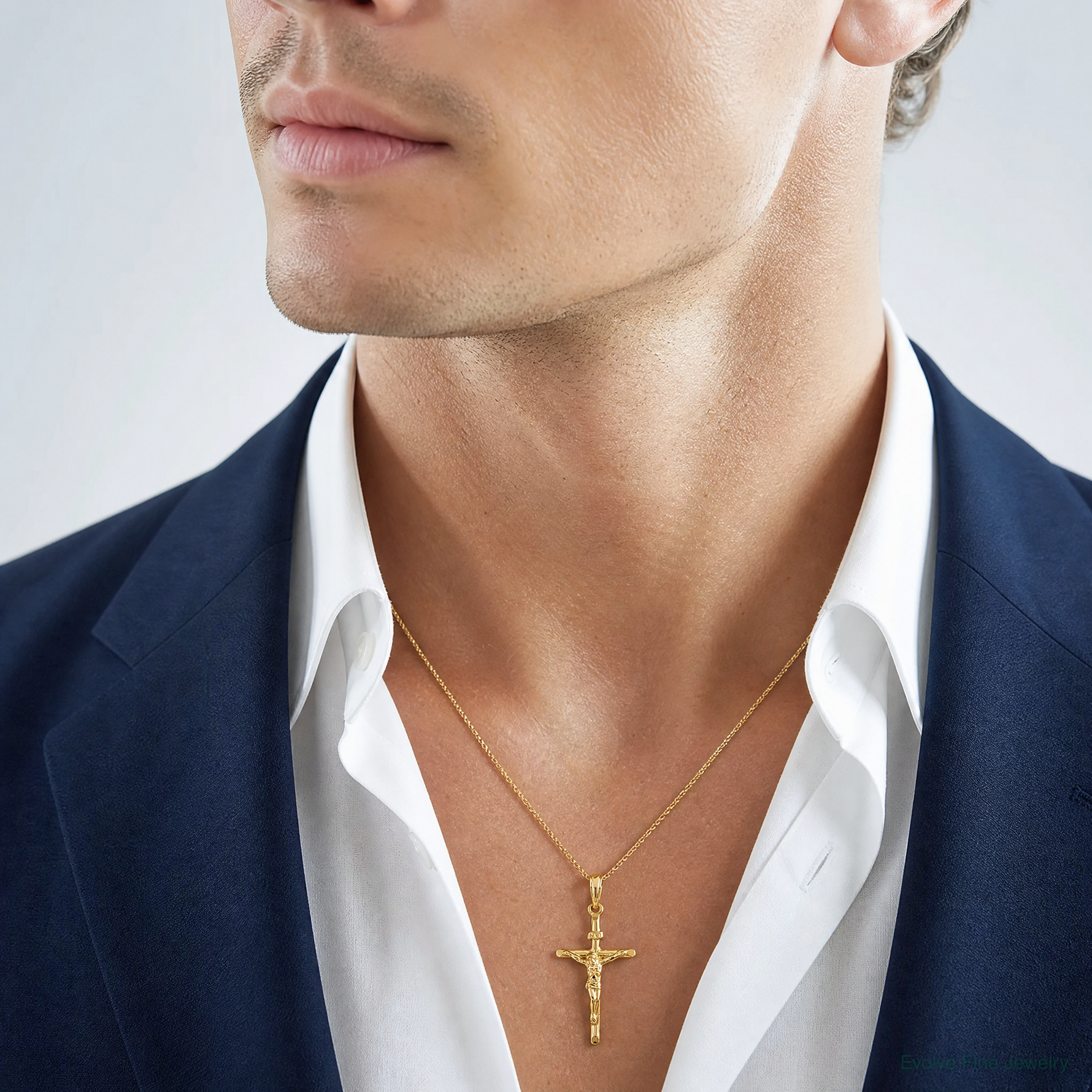 14K Stick Style Crucifix Pendant - Model Shot