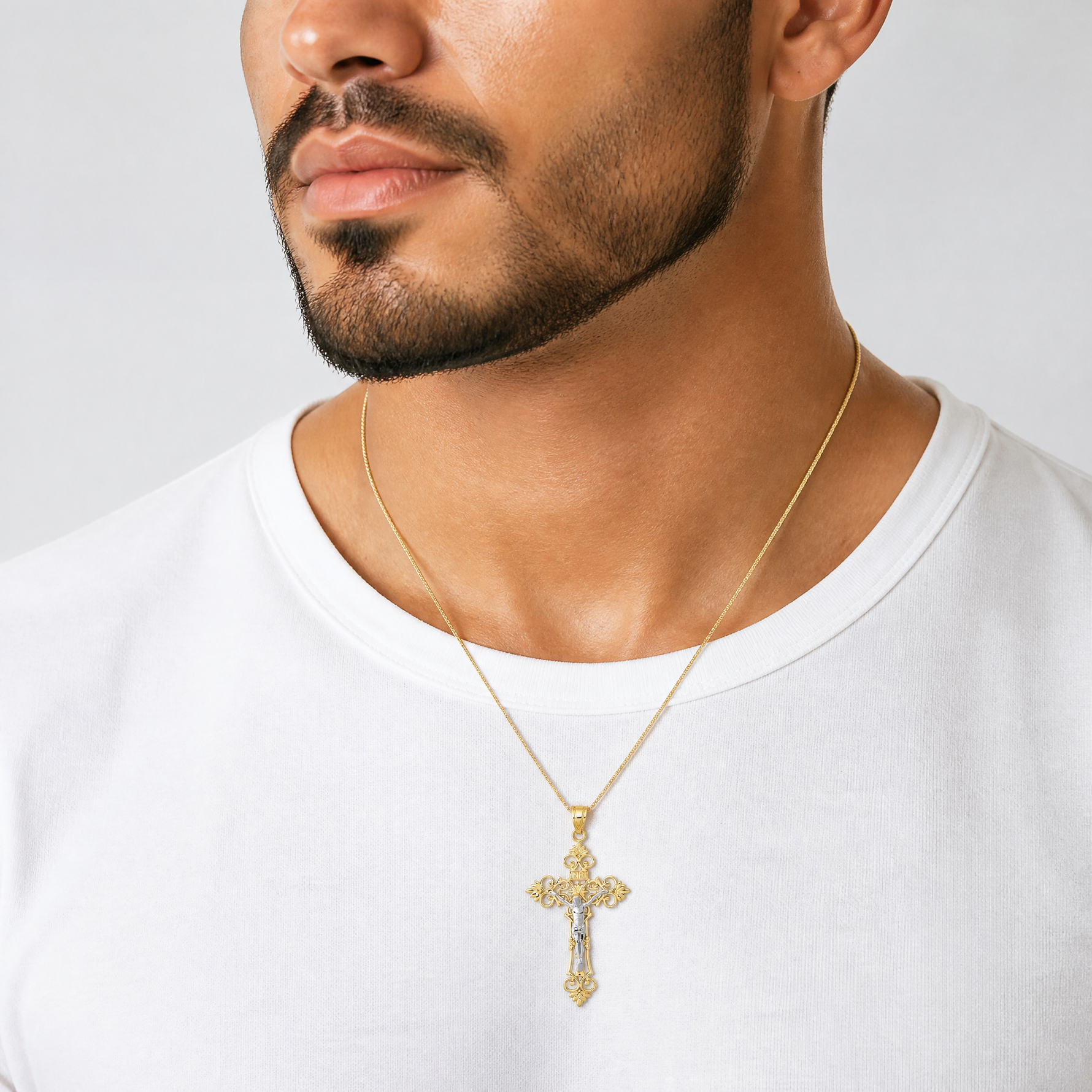 14K Two-Tone Large Lacy-Edge Inri Crucifix Pendant - Model Shot