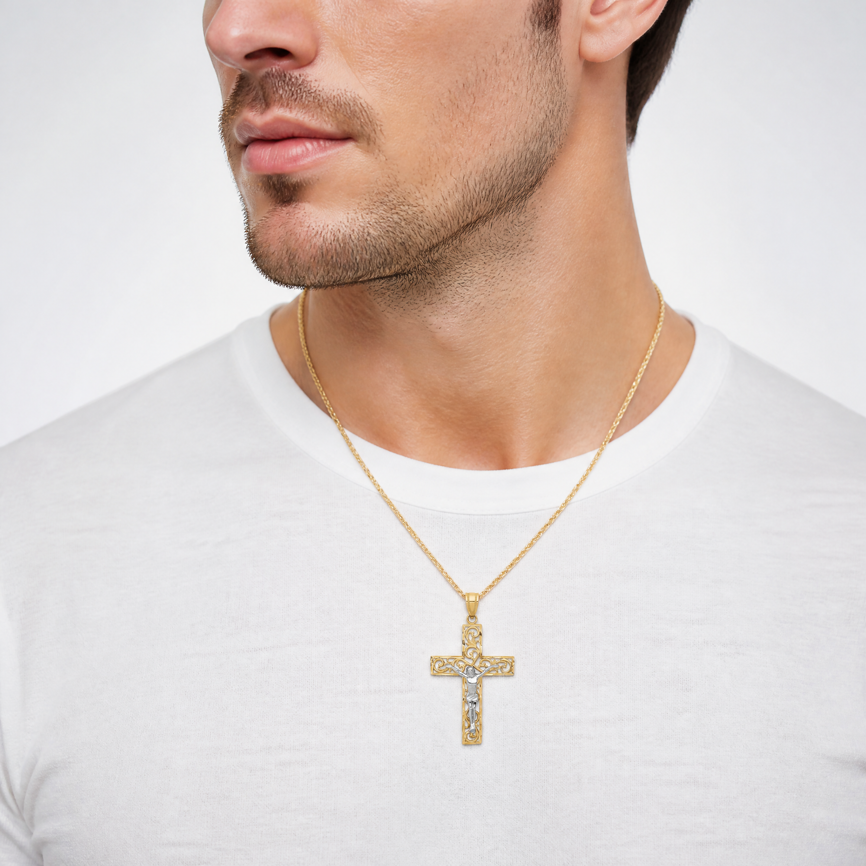 14K Two-Tone D/C Large Block Filigree Crucifix Pendant - Model Shot