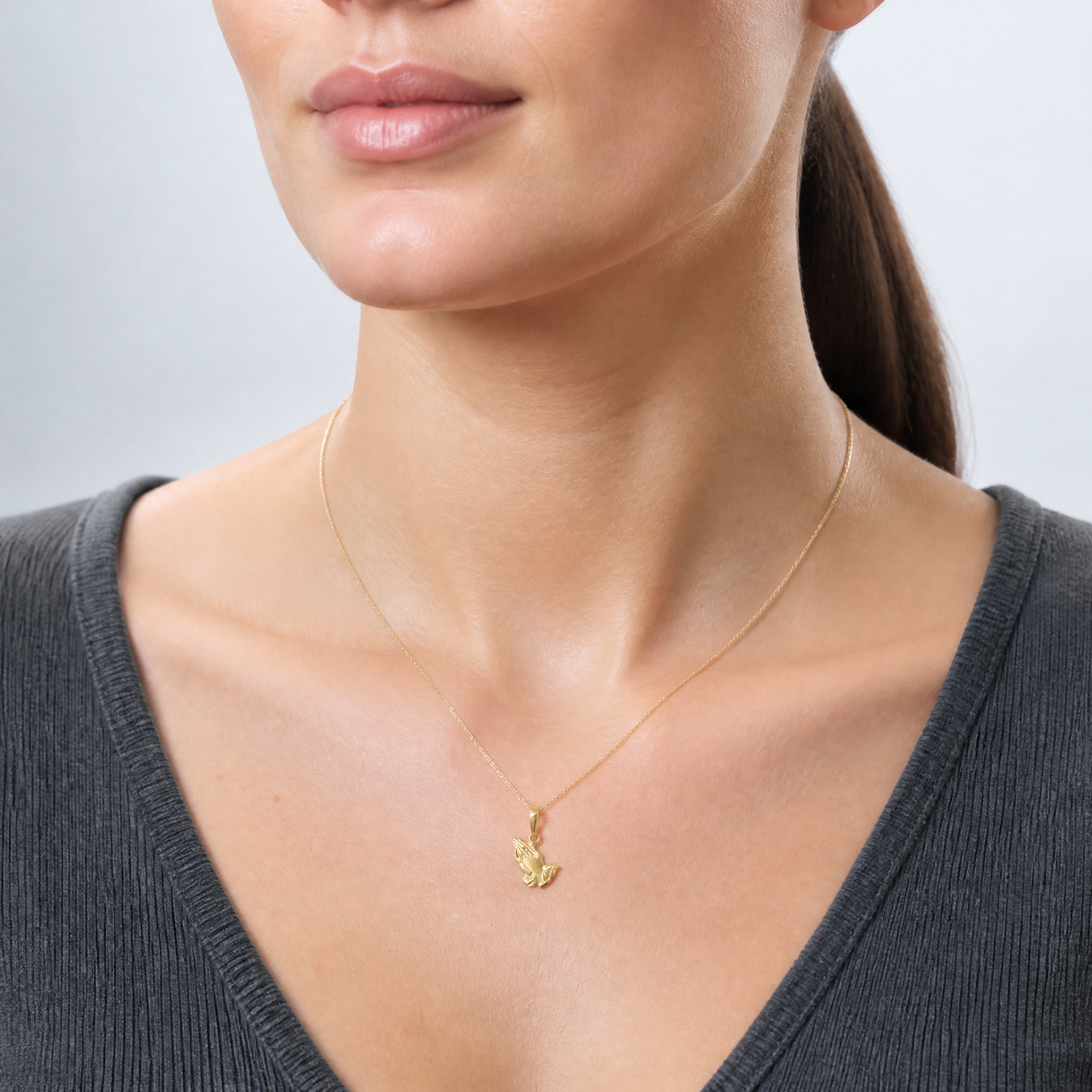 14K Praying Hands Pendant - Model Shot