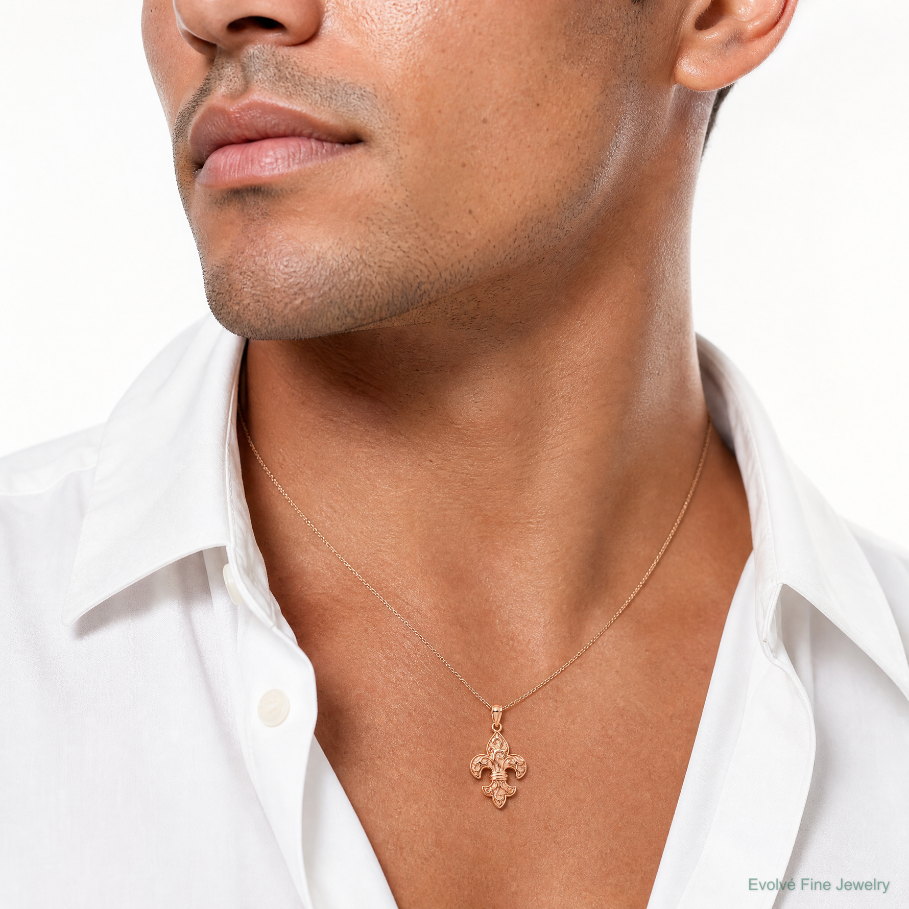 14k Rose Gold Fleur de lis Pendant - Model Shot