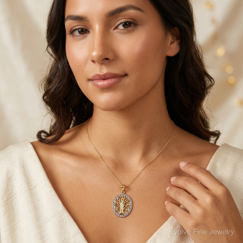 14k w/ Rhodium Tree of Life Pendant - Model Shot