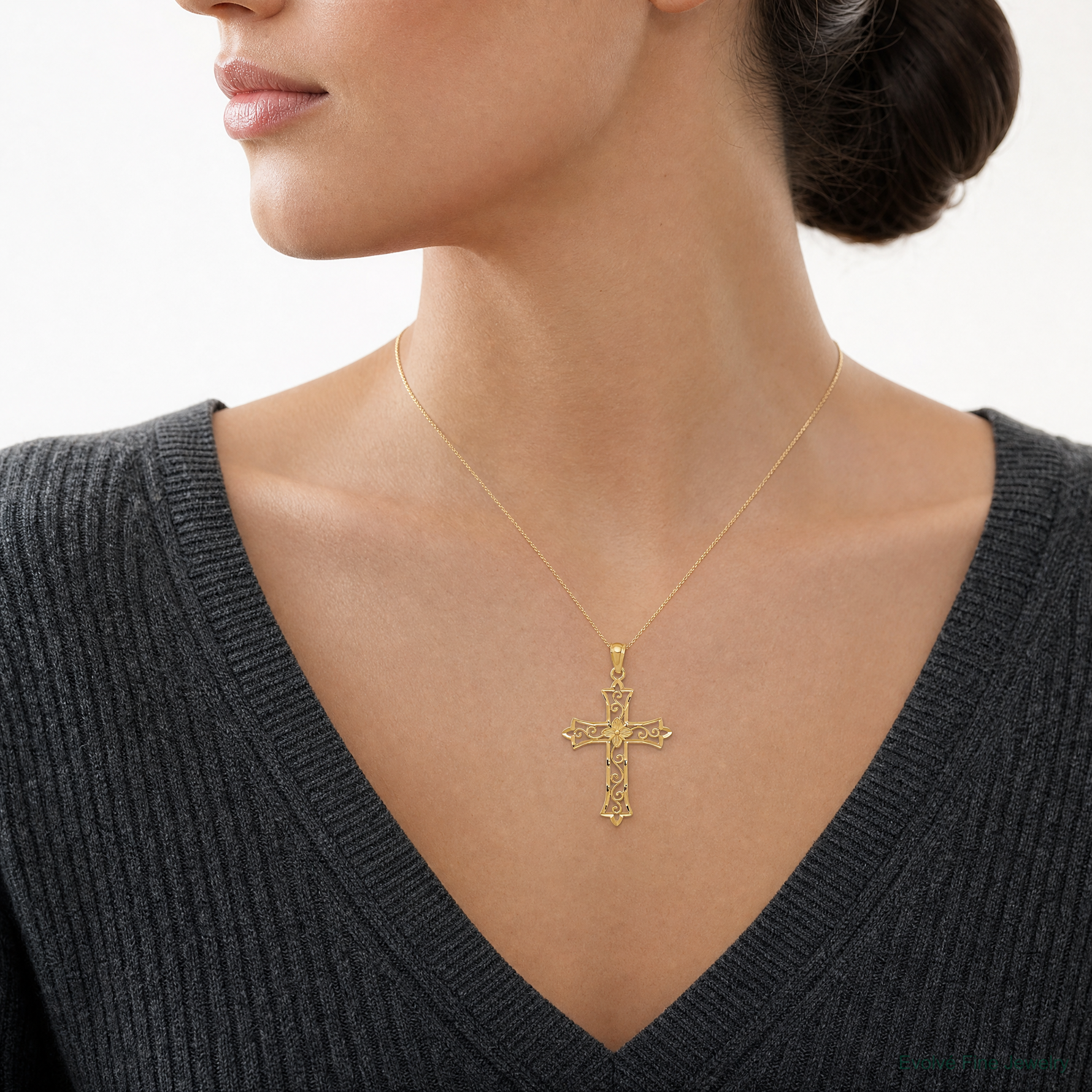 14k Yellow Gold Cross Pendant - Model Shot