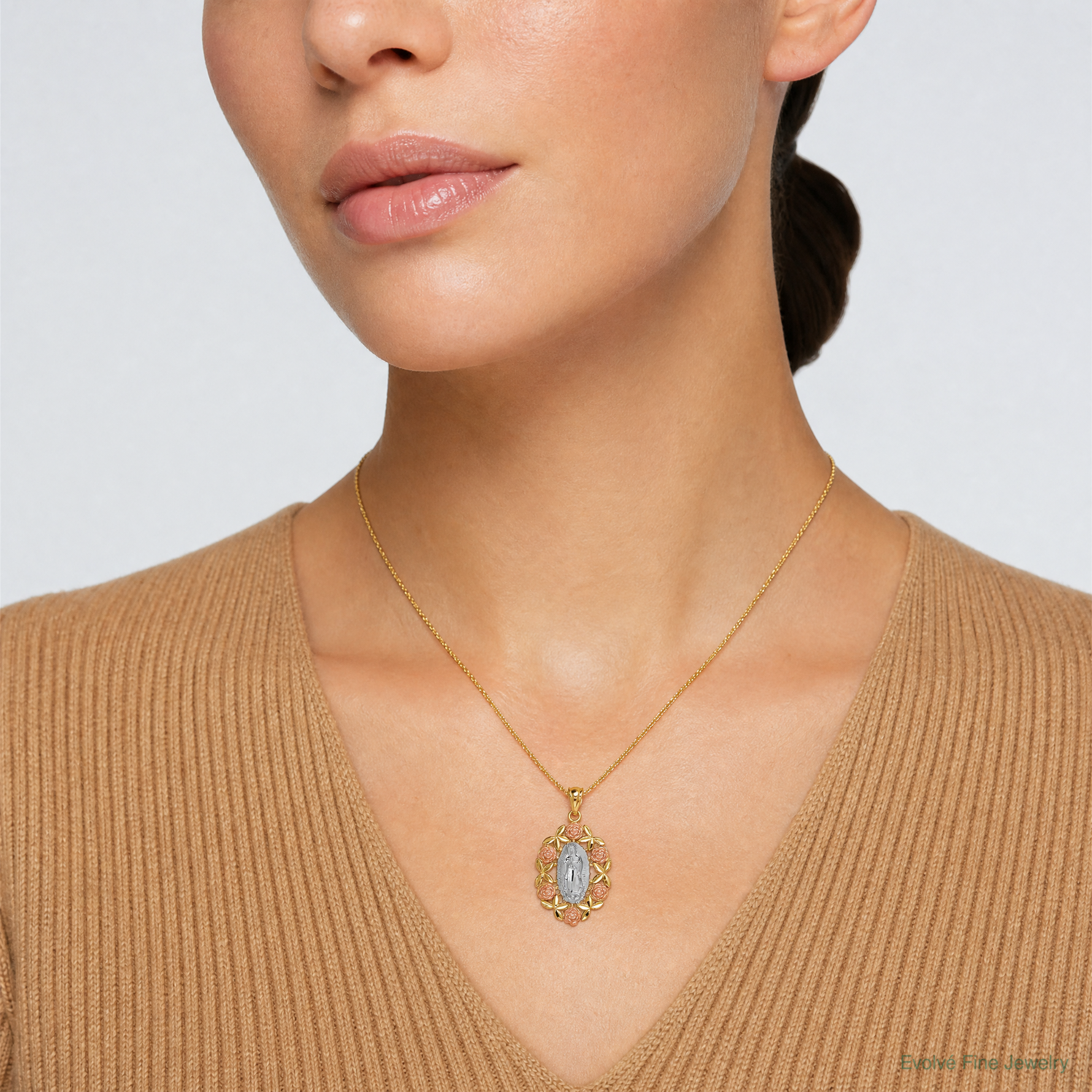 14K Two-Tone w/White Rhodium Guadalupe Pendant - Model Shot