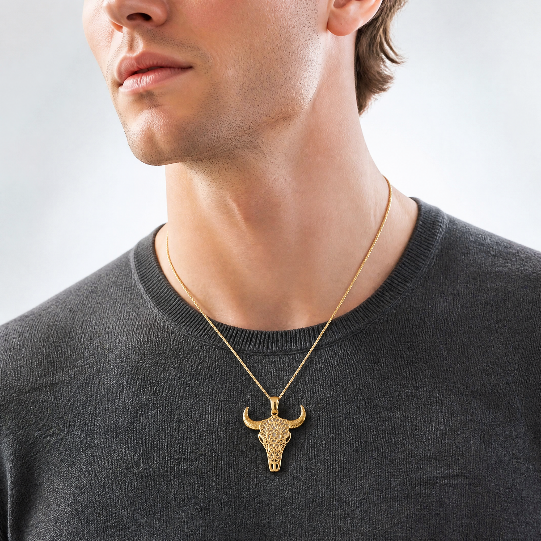 14K Filigree Steer Skull Pendant - Model Shot