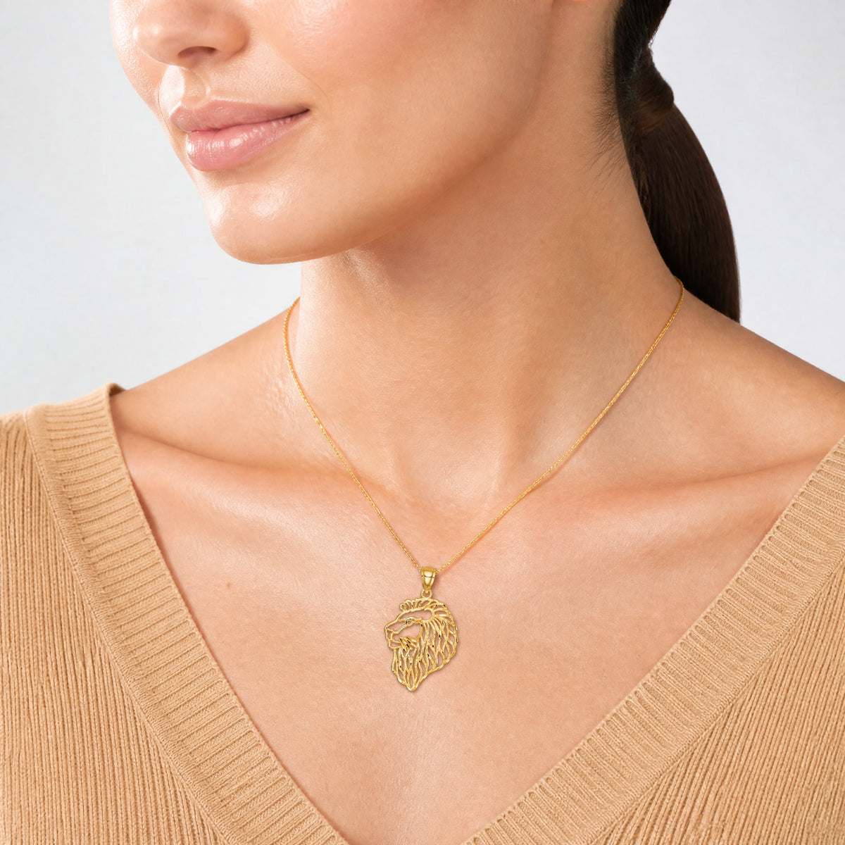 14K Diamond-Cut Lion Profile Pendant - Model Shot
