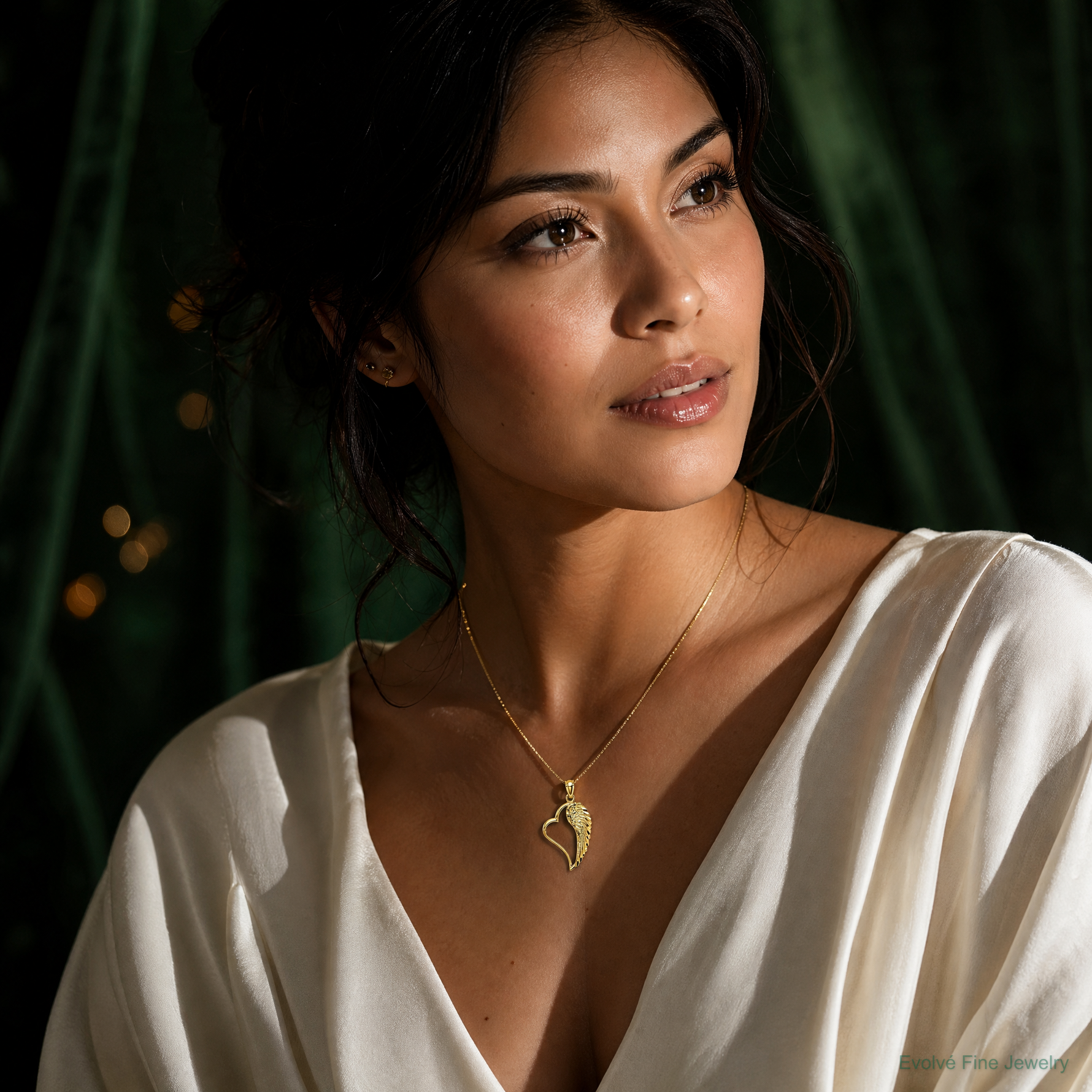 14K Polished Heart and Wing Pendant - Model Shot