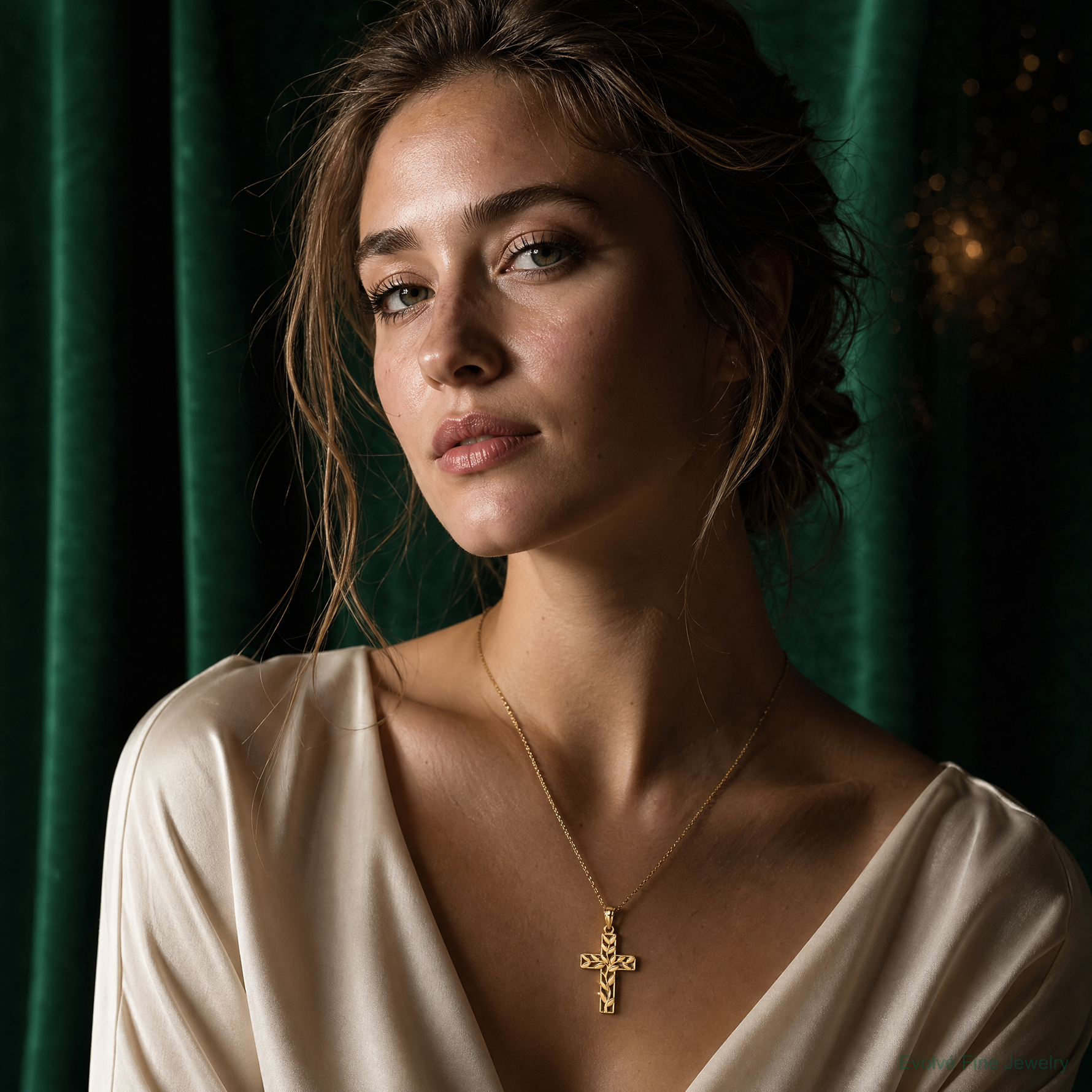 14K Leaf Cross Pendant - Model Shot