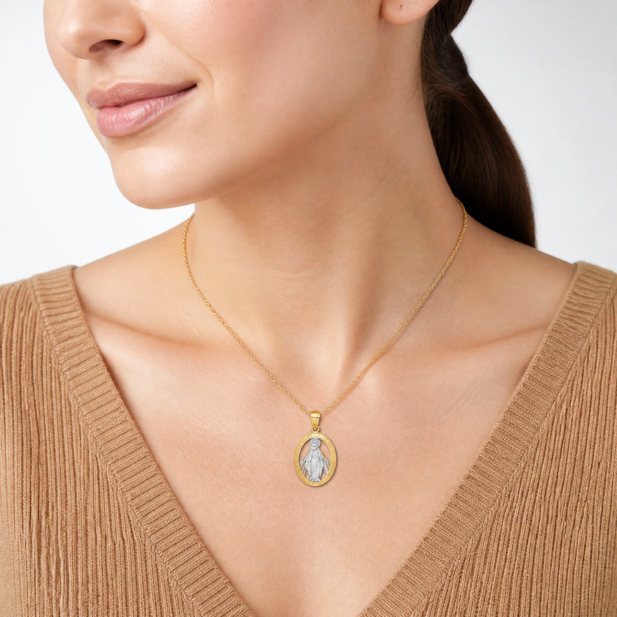 14K White Rhodium Polished Miraculous Medal Pendant - Model Shot