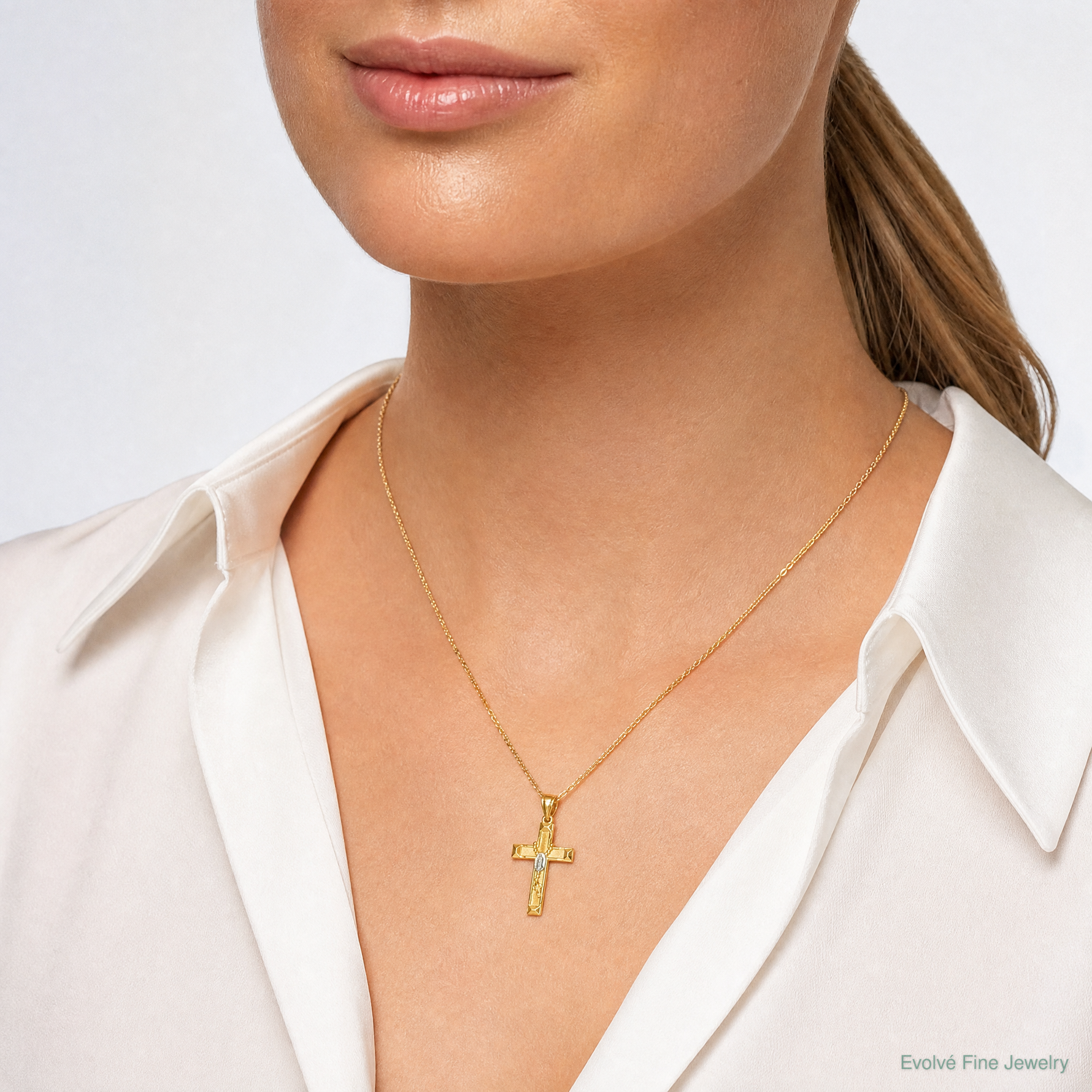 14K w/Rhodium Cross w/Rosary Pendant - Model Shot