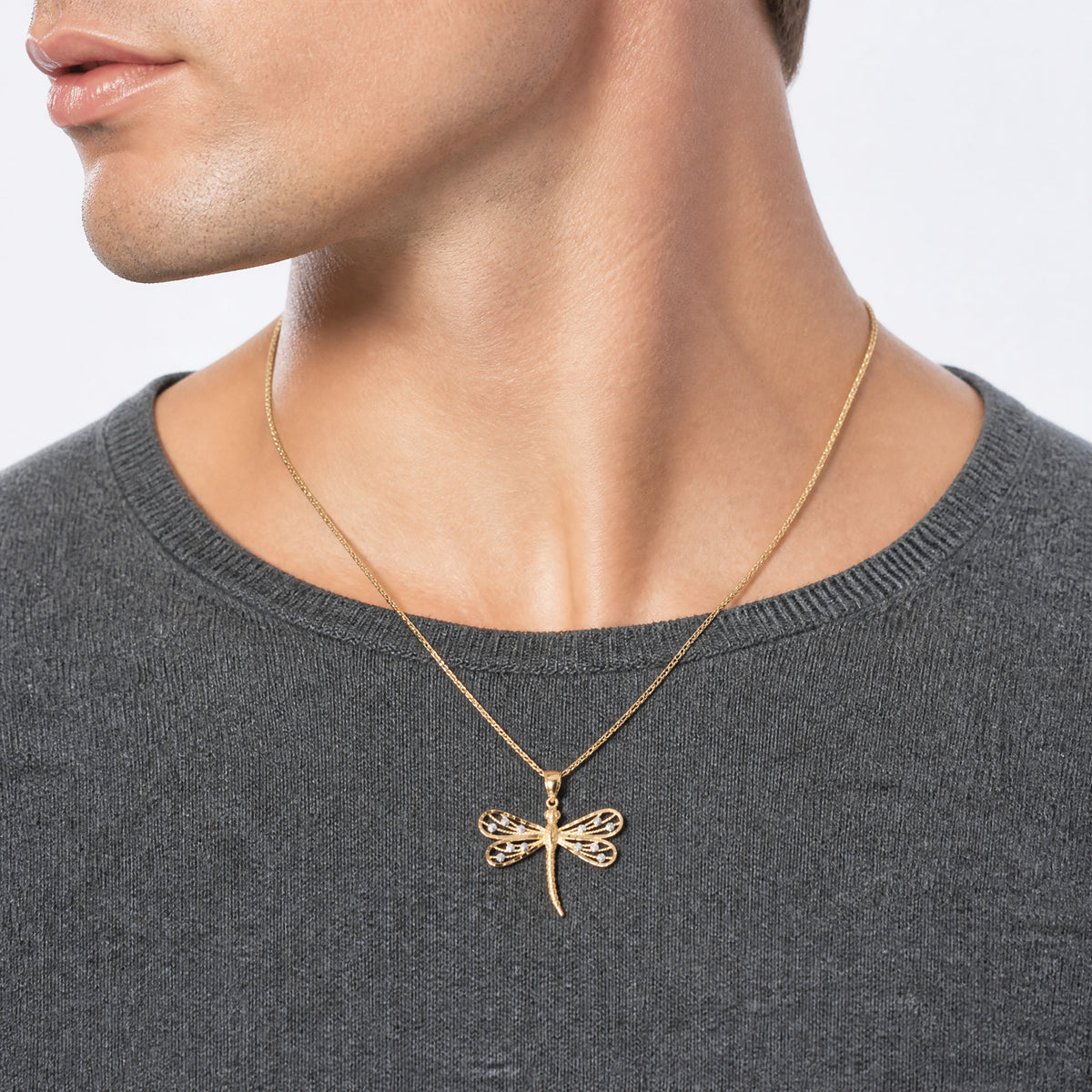 14K Diamond-cut White Rhodium Dragonfly Pendant - Model Shot