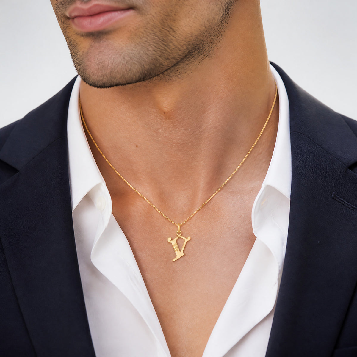 14K Diamond-cut Letter V Initial Charm - Model Shot