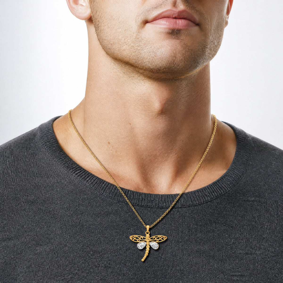 14k and White Rhodium Polished and D/C Dragonfly Pendant - Model Shot