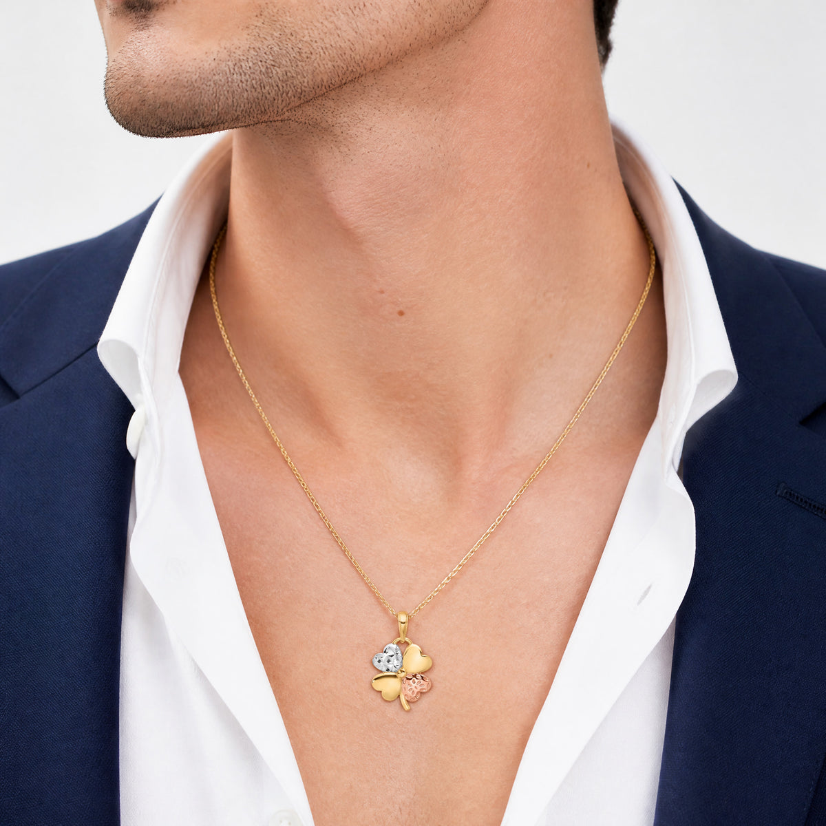 14k w/Rose and White Rhodium Polished and D/C Clover Pendant - Model Shot