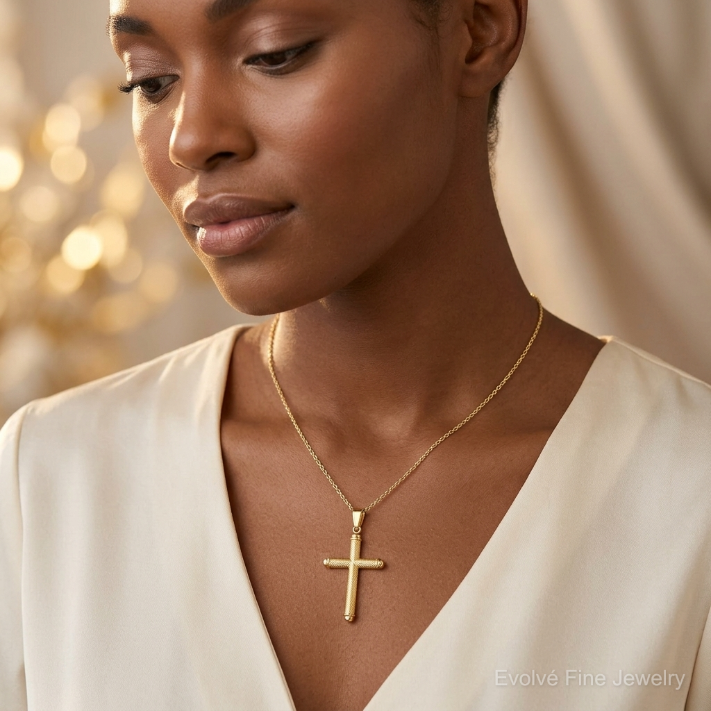 14K Polished and Textured Cross Pendant - Model Shot