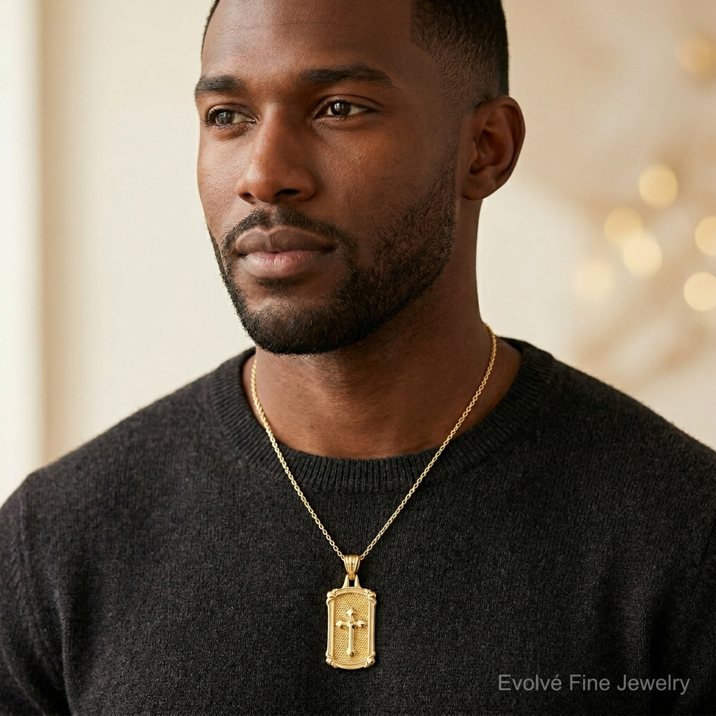 14K Polished and Textured Dog Tag Cross Pendant - Model Shot