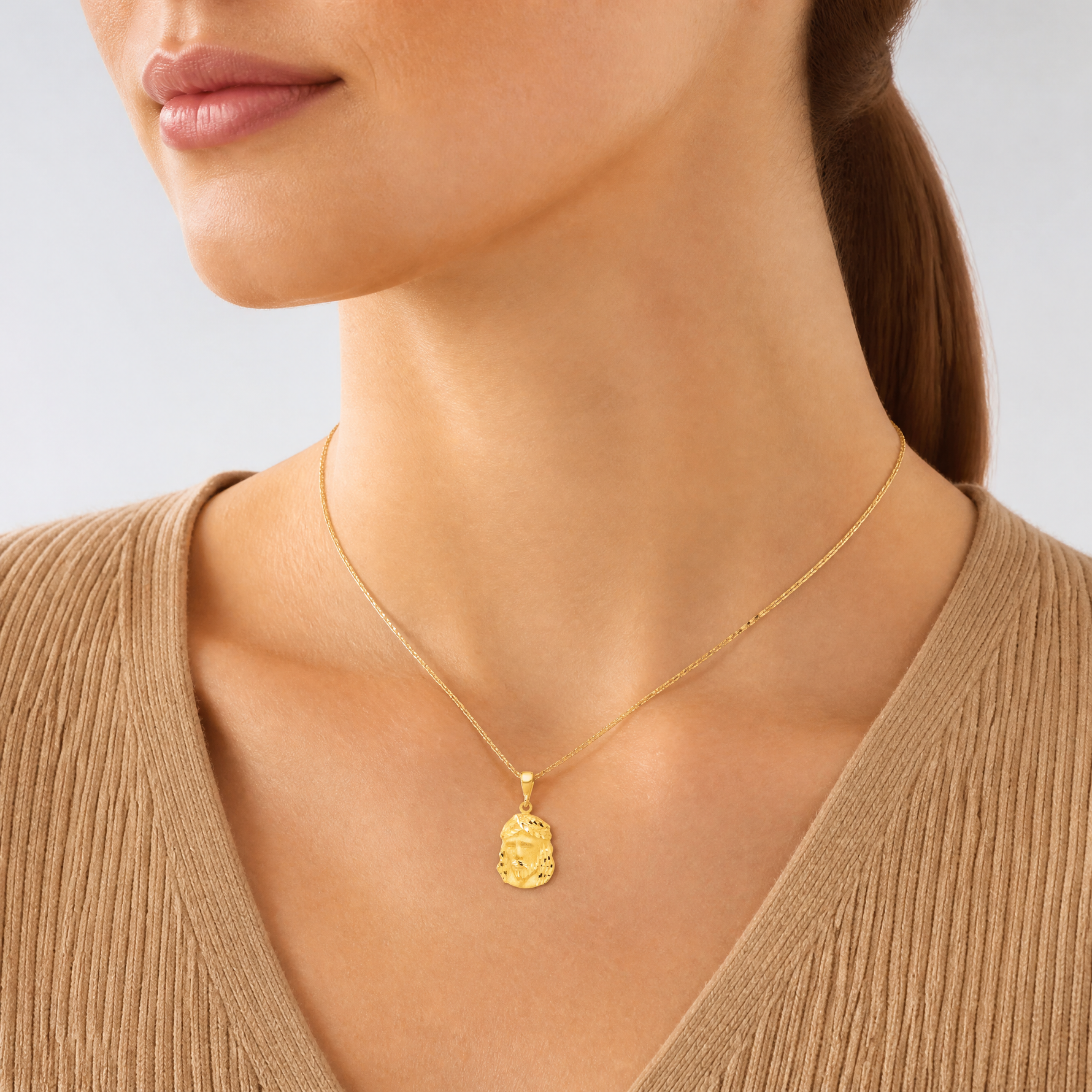 14K Satin and Diamond-cut Jesus Medal Pendant - Model Shot