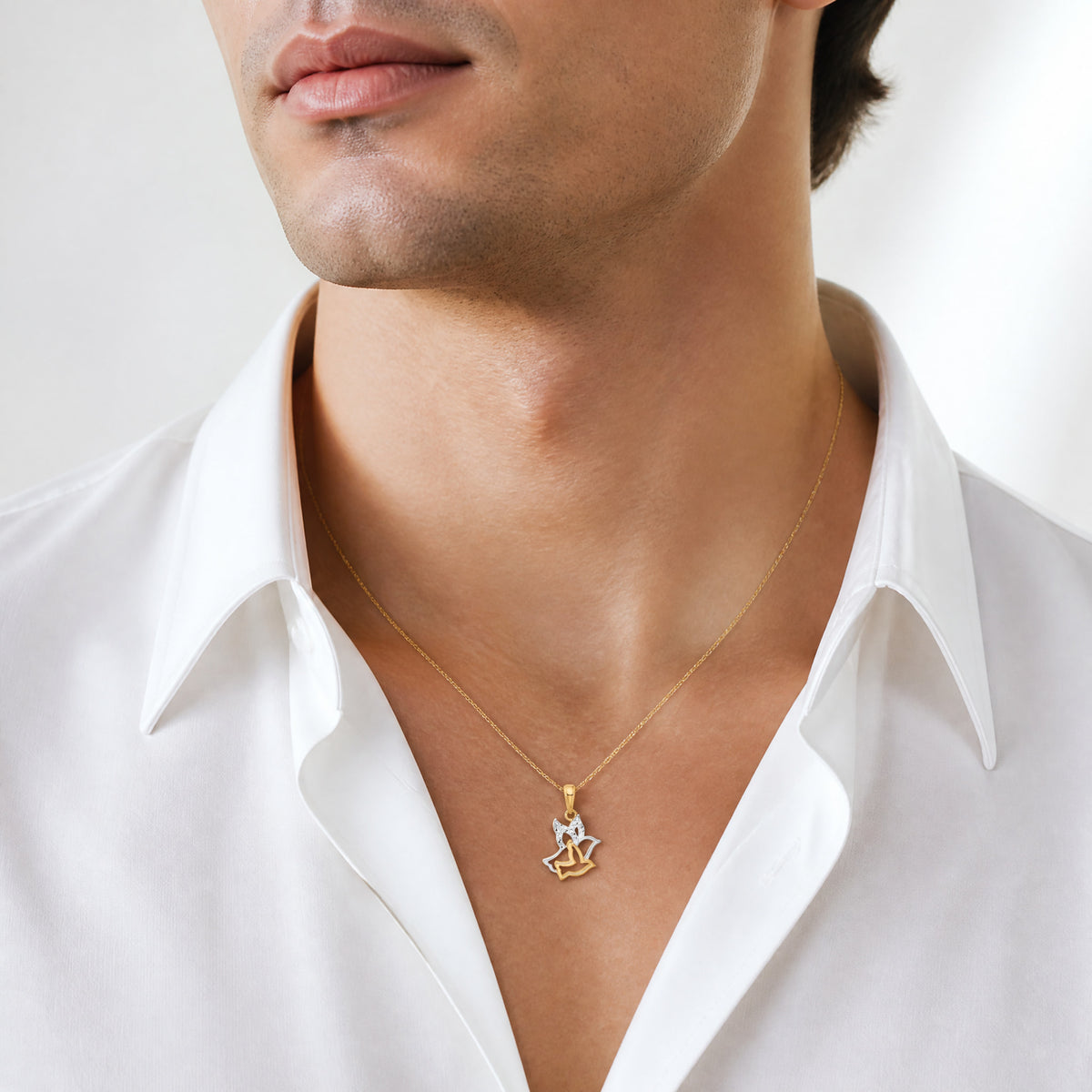14K with White Rhodium D/C Doves Pendant - Model Shot