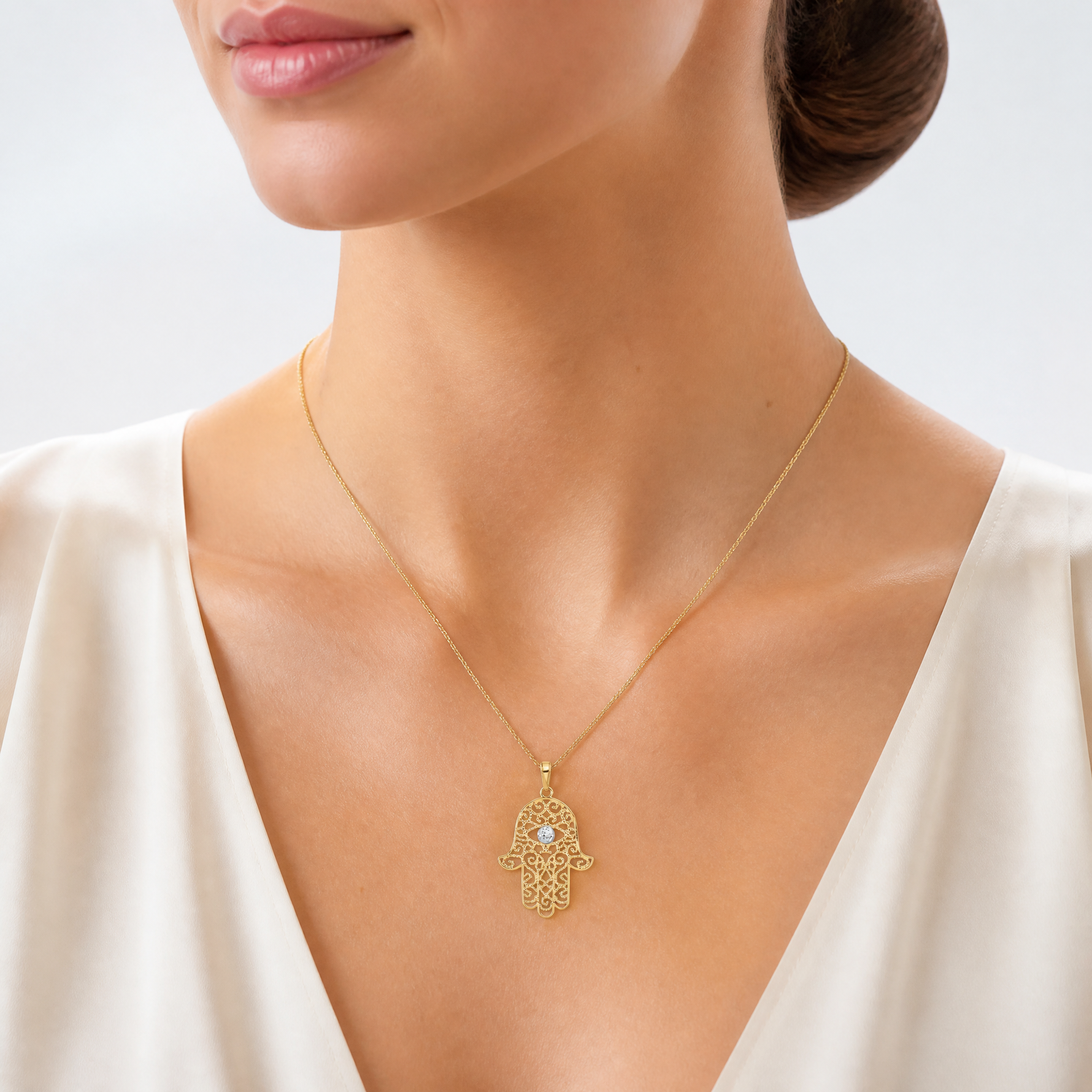 14k and White Rhodium D/C Filigree Hamsa Pendant - Model Shot