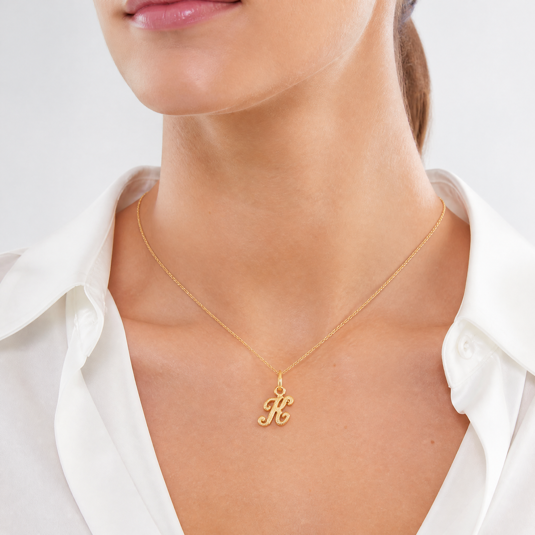 14KY Script Letter K Initial Charm - Model Shot