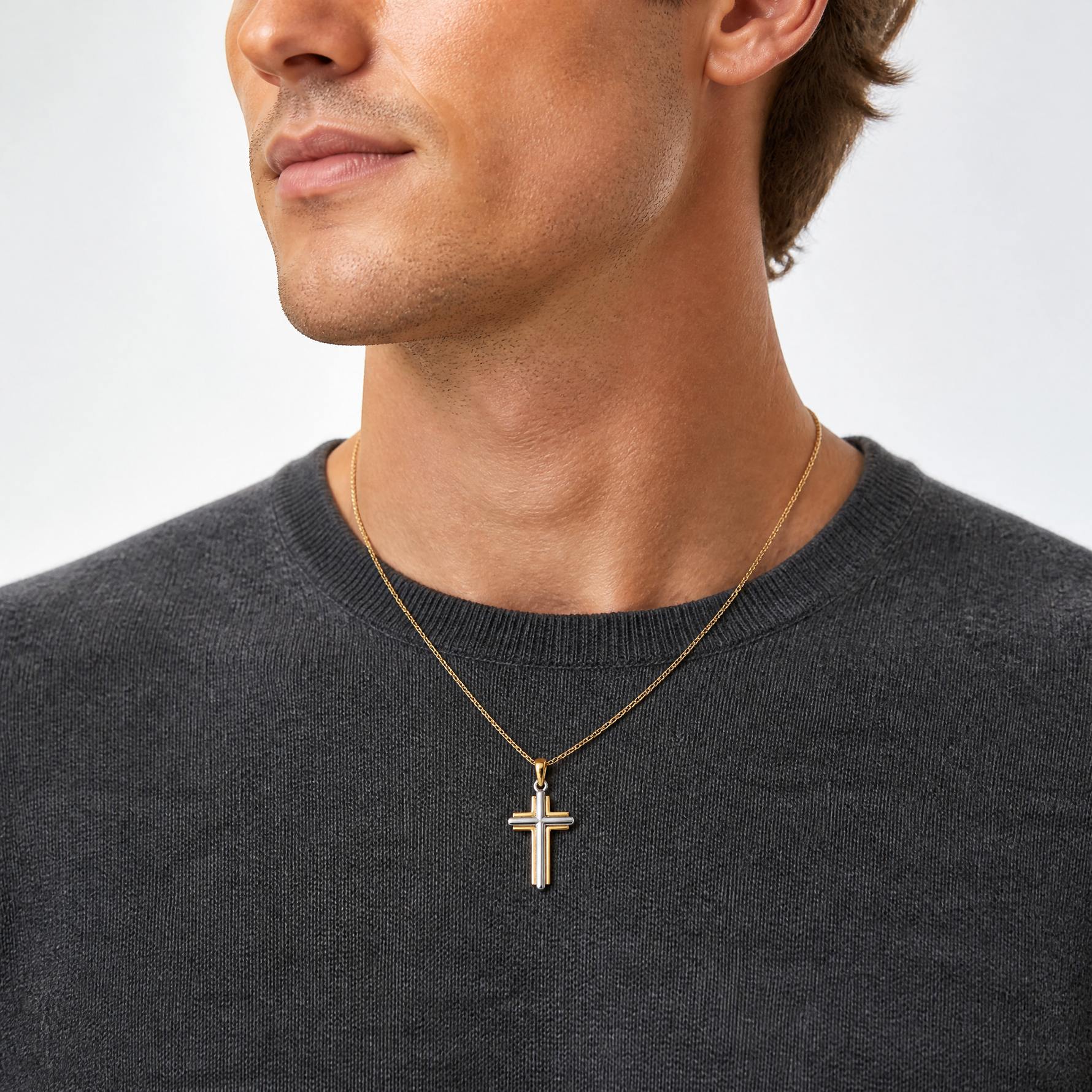 14k Two-tone Cross Pendant - Model Shot
