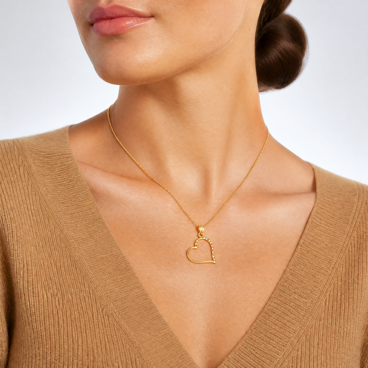 14K Satin Diamond-cut Crooked Heart Pendant - Model Shot