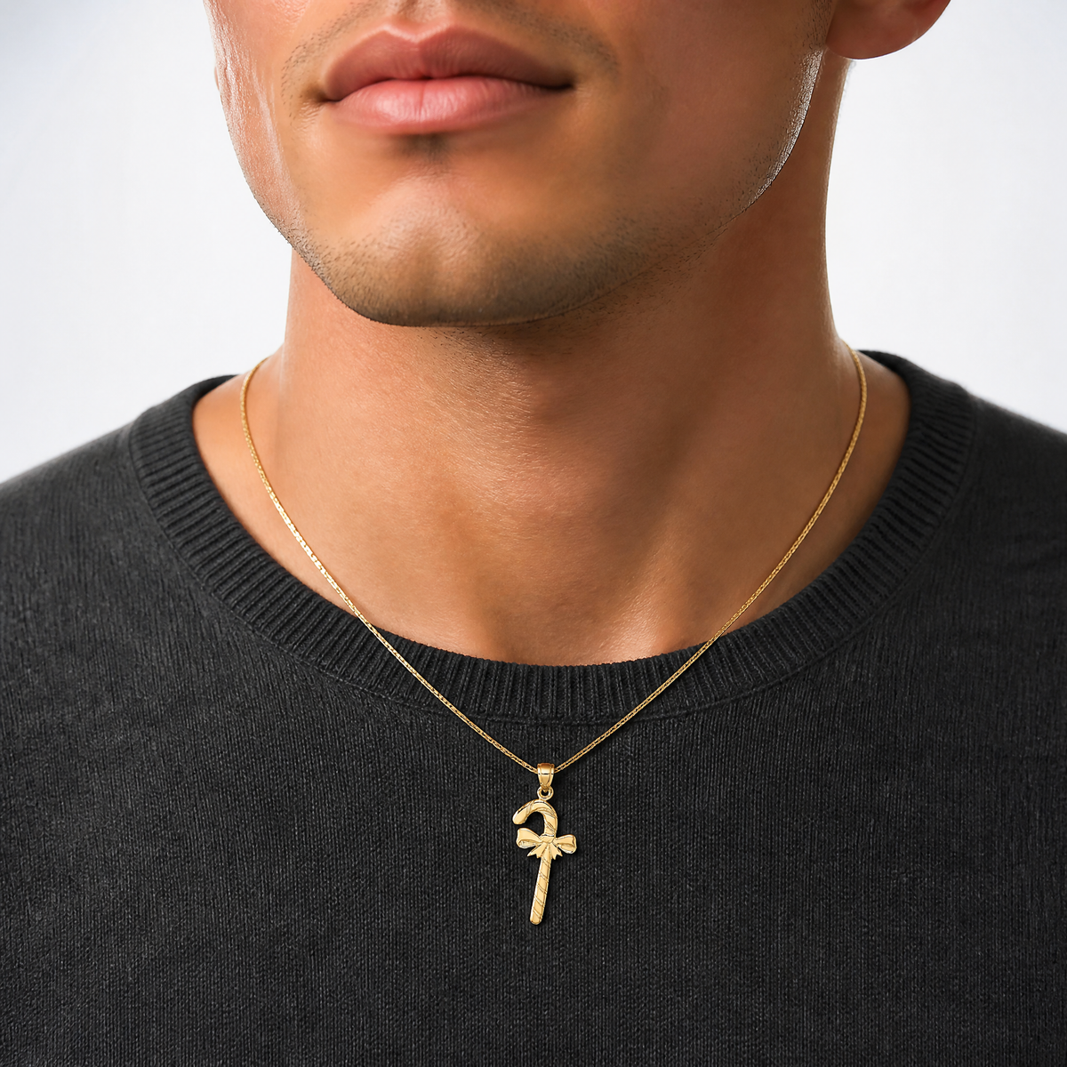 14k Solid Polished Candy Cane Charm - Model Shot