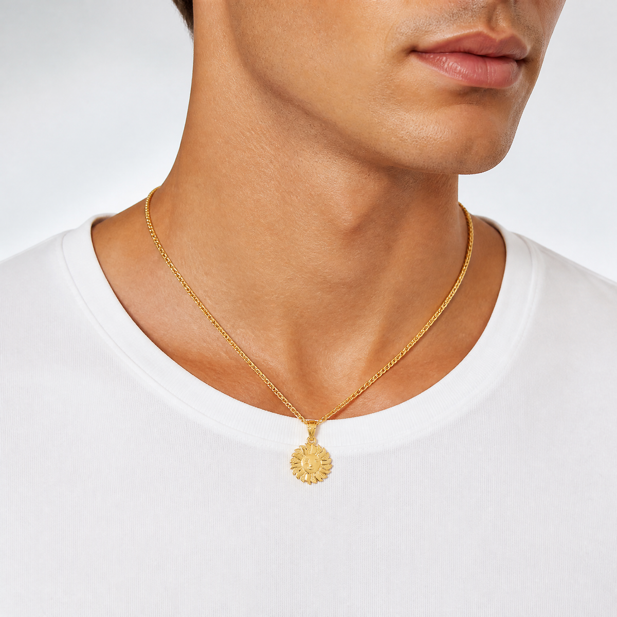 14k Polished Sun with Face Pendant - Model Shot