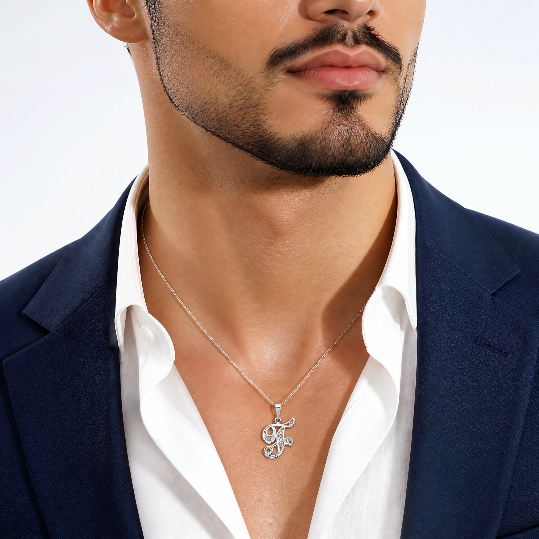14KW White Gold Solid Polished Script Filigree Letter F Initial Pendant - Model Shot