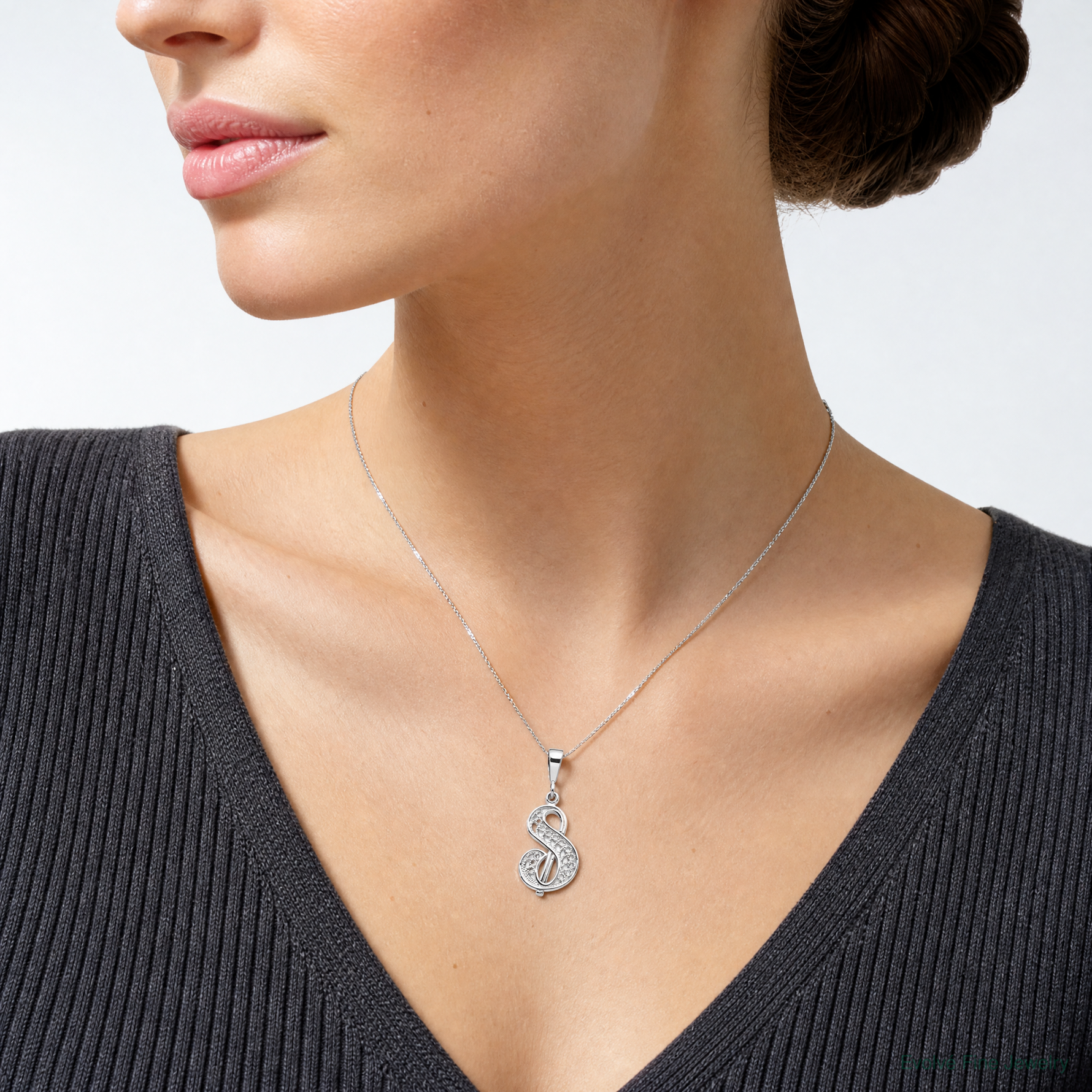 14KW White Gold Solid Polished Script Filigree Letter S Initial Pendant - Model Shot
