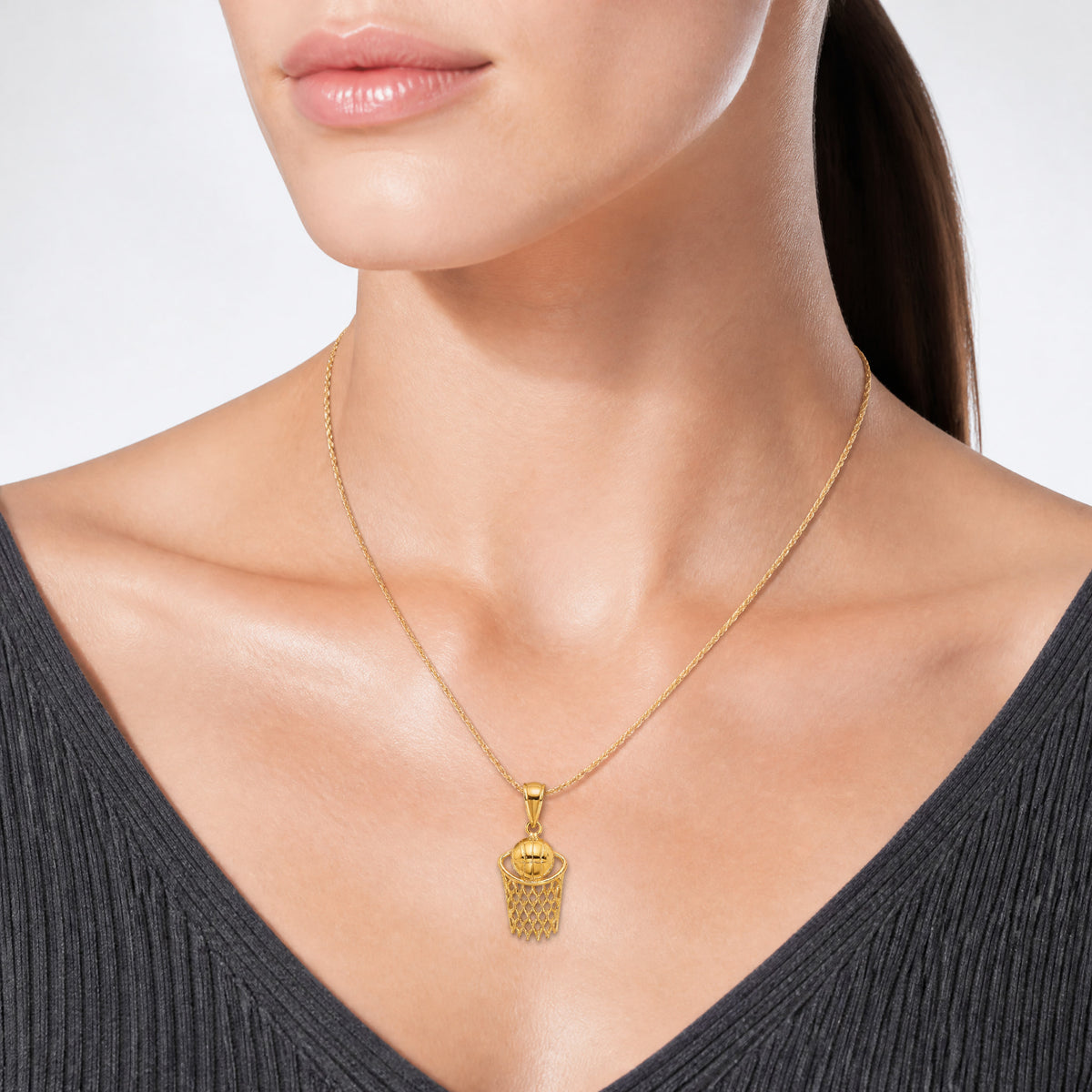 14K Polished Basketball and Net Charm - Model Shot
