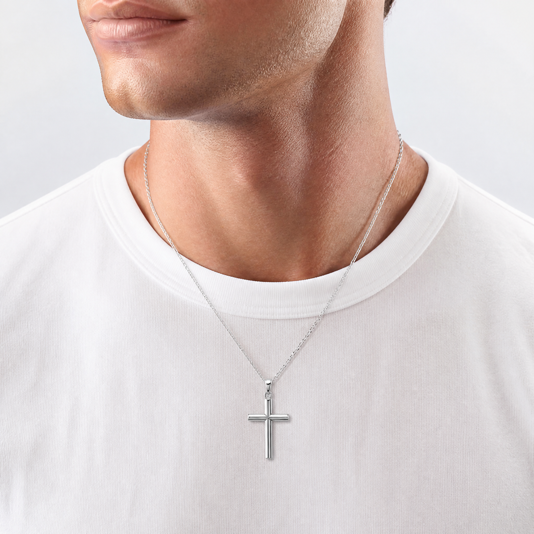 14k White Gold Polished Cross Pendant - Model Shot