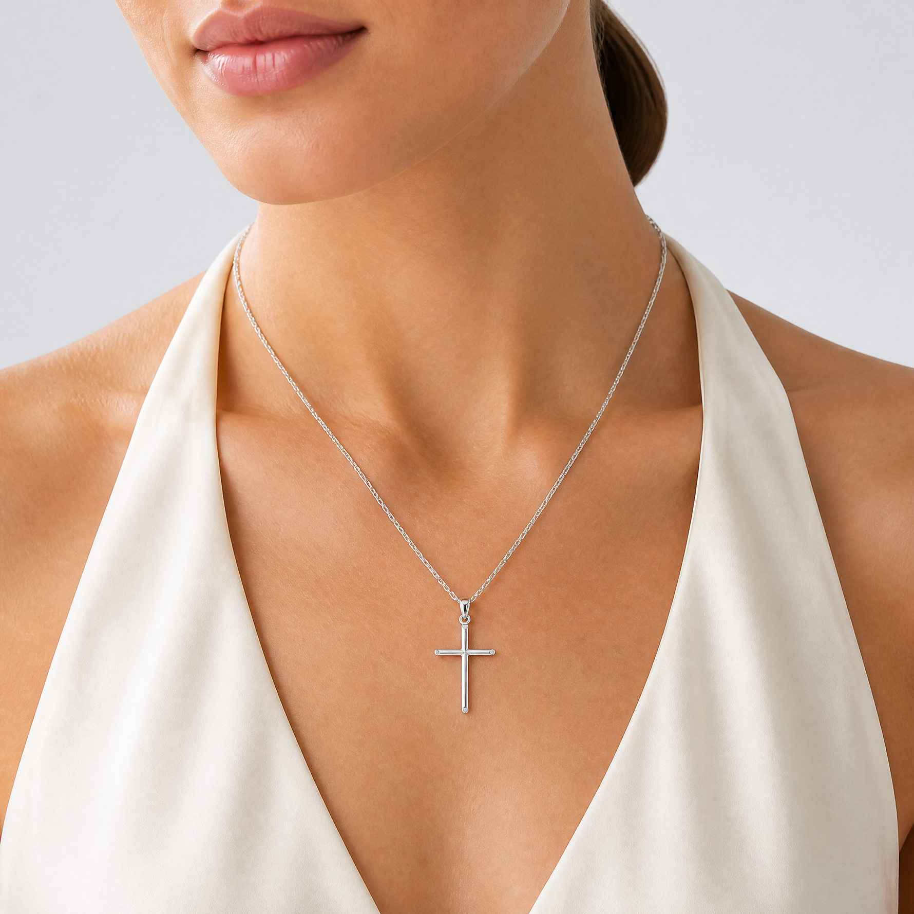 14k White Gold Polished Cross Pendant - Model Shot