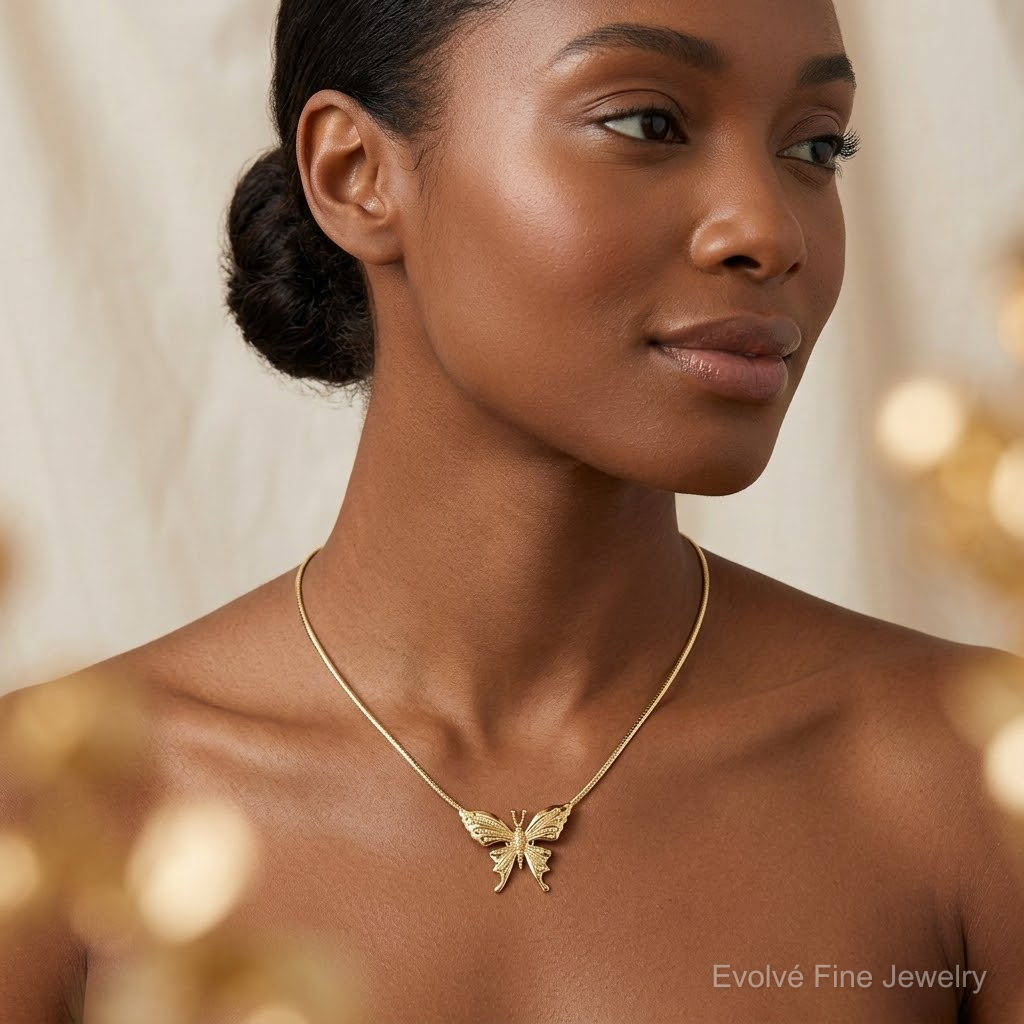 14k Polished and Beaded Butterfly Slide Charm - Model Shot