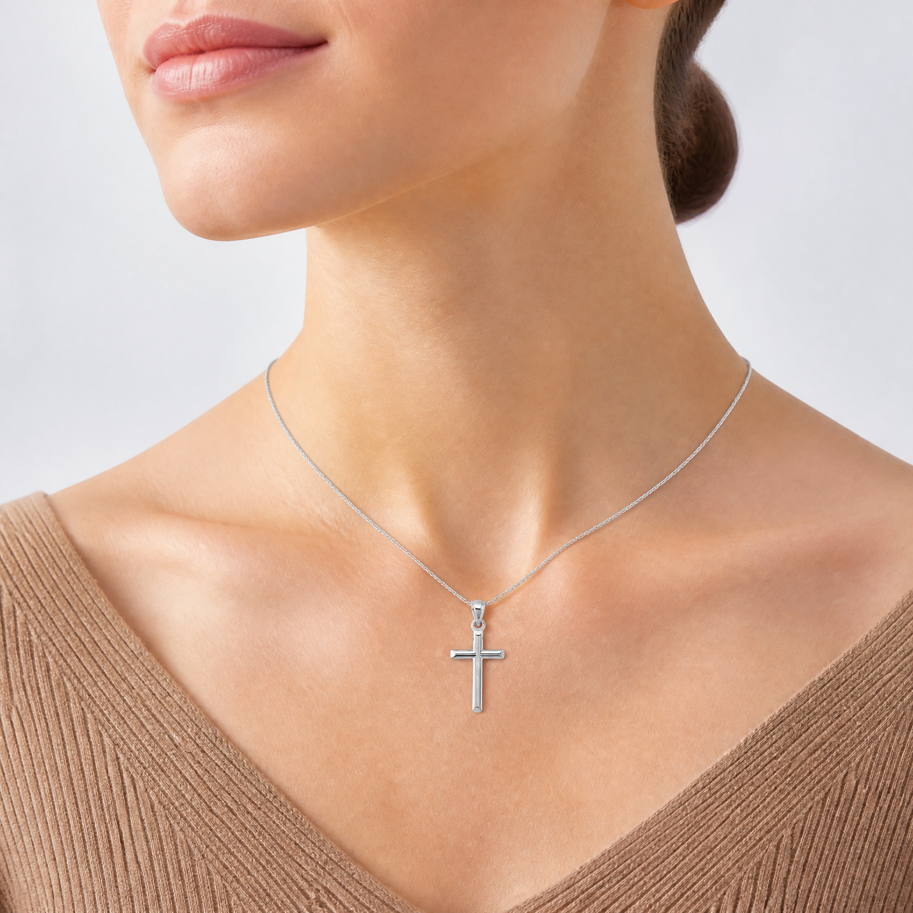 14k White Gold Hollow Cross Pendant - Model Shot