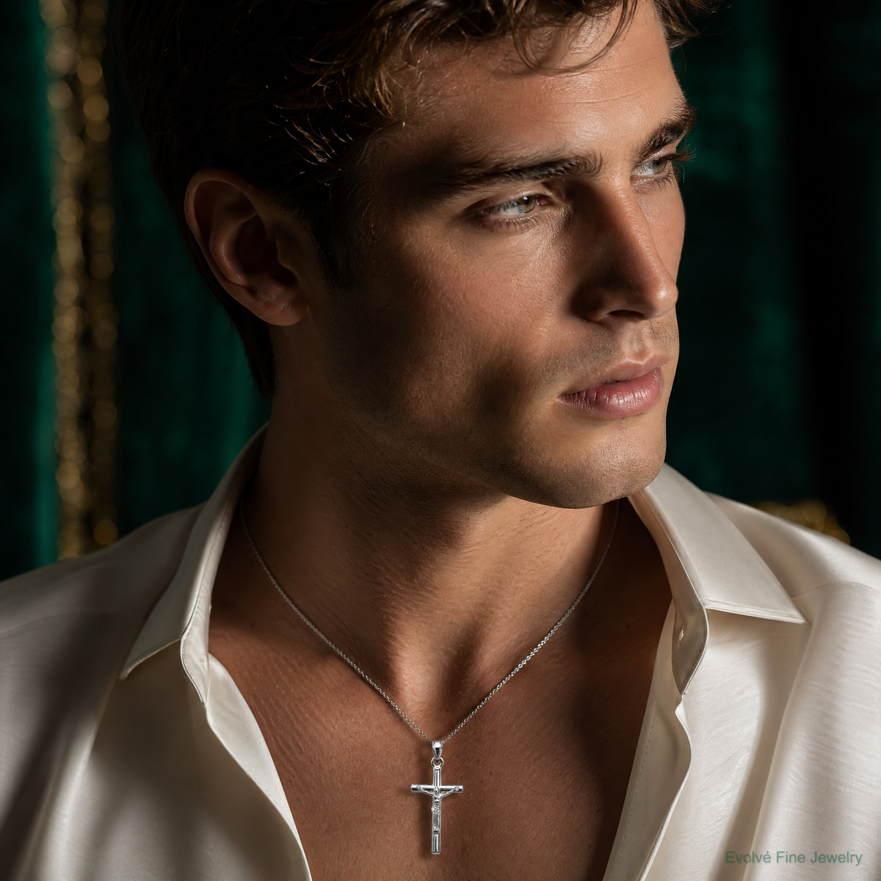 14k White Gold Crucifix Pendant - Model Shot