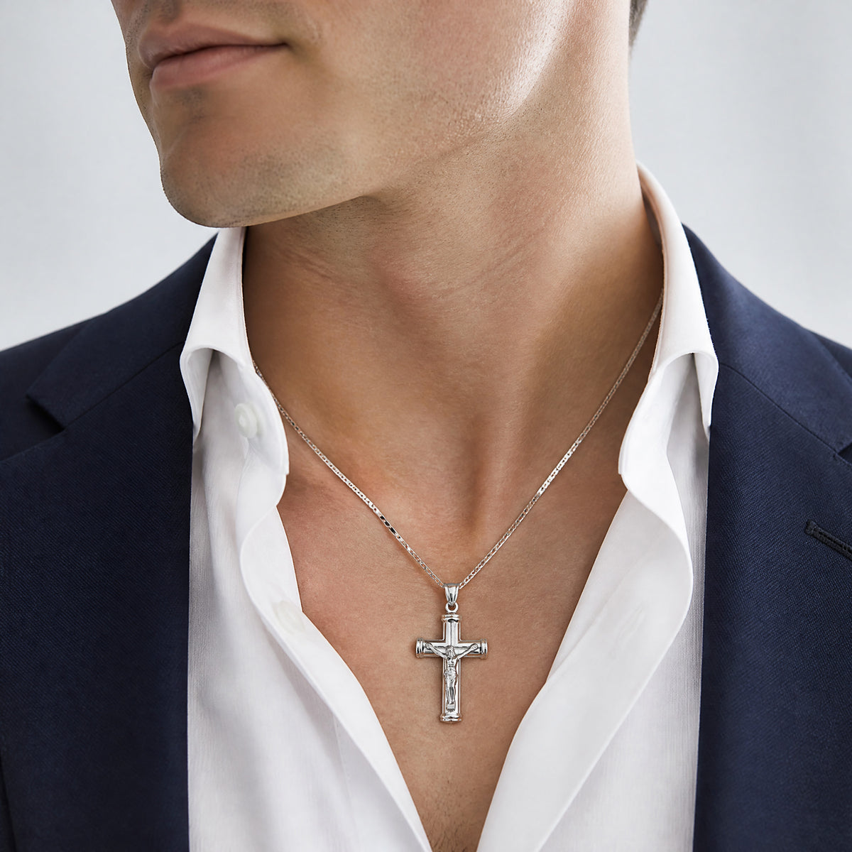 14K White Gold Reversible Crucifix Pendant - Model Shot
