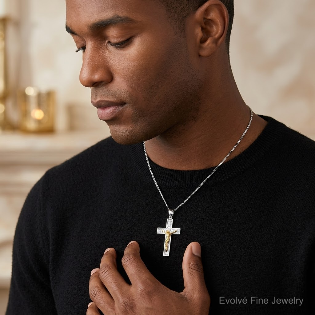 14k Two-tone Crucifix Pendant - Model Shot