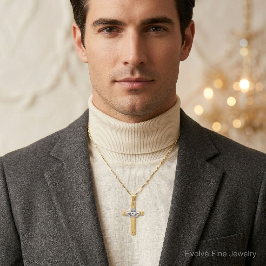 14k Two-tone Claddagh Cross Pendant - Model Shot