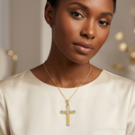14K And Rhodium Greek Key Cross Pendant - Model Shot